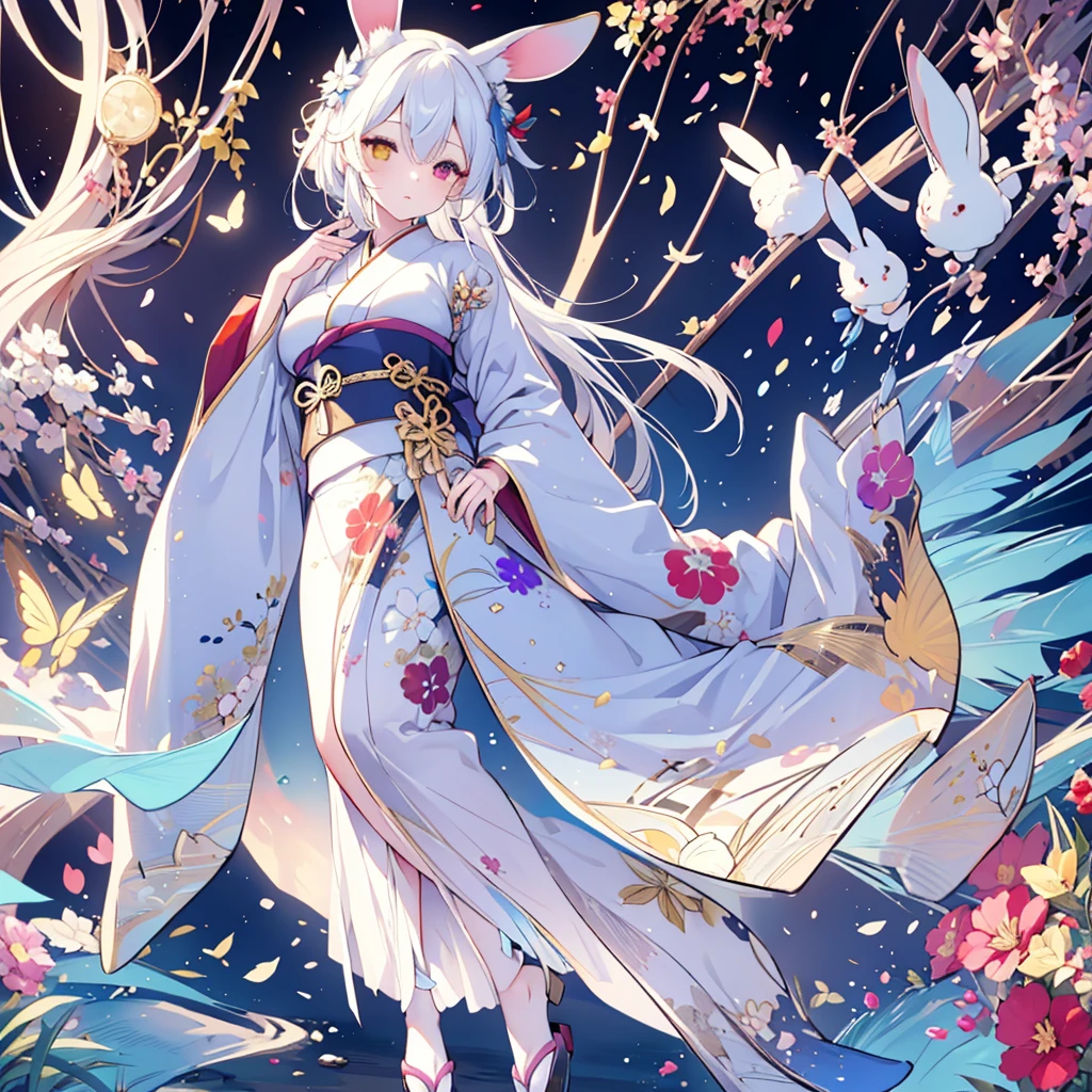 Hand Repair,Foot repair,masterpiece,8k,(((( 1 girl)))), beautiful girl,City Background,((((full body shot,very wide shot,Rabbit Ears,I'm hiding my ears with my hair)))),(((Perfect white hair, long hair))), ((((( rainbow heterochromia, Golden Eye Right Eye,Red Eye Left Eye , kimono,she wearing a blue color furisode,Big Breasts))))), facing forward 