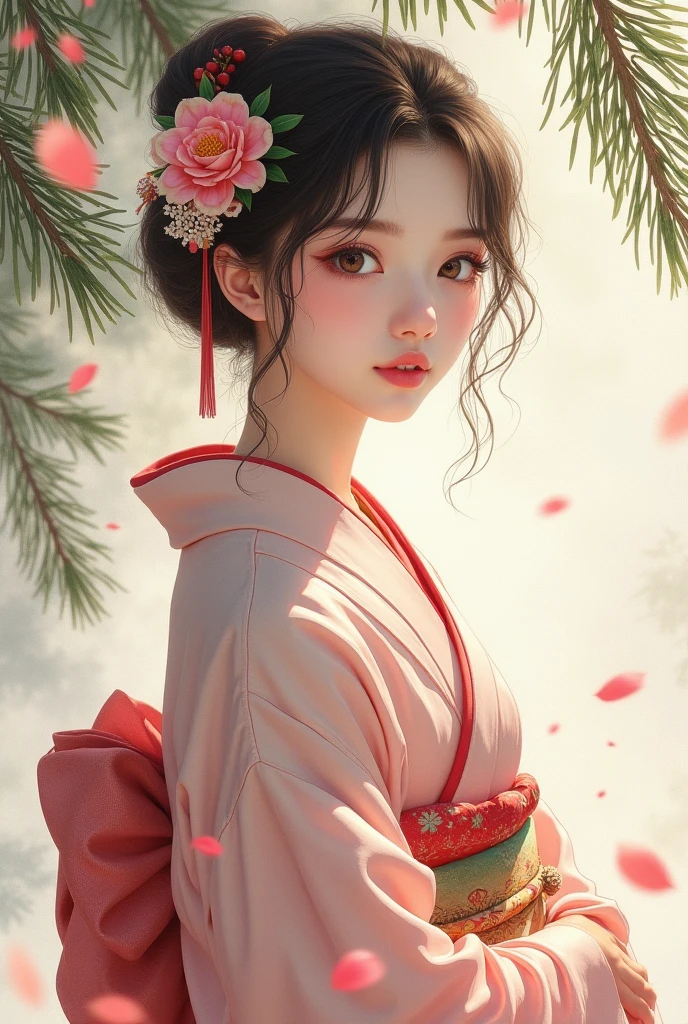  beautiful 20 year old Japanese woman, Elegance and grace.  The flowing lines and gentle expression of a kimono , Hand-painted watercolor effects , The background evokes nostalgia. Pine branches , Camellia flower petals, Open the top slightly, Put your body in front of you and look at this, manga anime,  high image quality, masterpiece, 