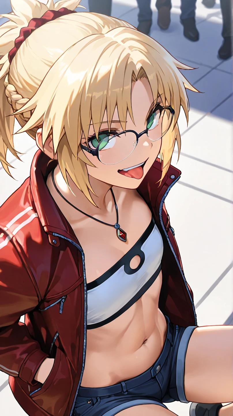 fgomordred
High quality ,  top quality , masterpiece,  high res, detailed face , anatomically correct , 
 detailed face 
緑の目,Blonde,  ponytail,  short hair, scrunchie,  red scrunchy ,  Hair Scrunchy,  flat chest, slightly toned body, a woman with a cool face , boyish woman , cool woman ,Eye colour(green)
In the city,In front of the public
The short denim , デニム  shorts, gem, midriff, belly button,  necklace,  Red Jacket, short  shorts,  shorts,  tube top , white top,
 high angle,closeup
Solo ,  1 girl,  from your hand and direct your gaze, , face facing directly in front of the viewer ,Put your hands inside the jacket , put your hands in the jacket pocket,
 is staring, open your mouth slightly ,smile,tongue,black-rimmed glasses
Yankee sitting( squats), squats,