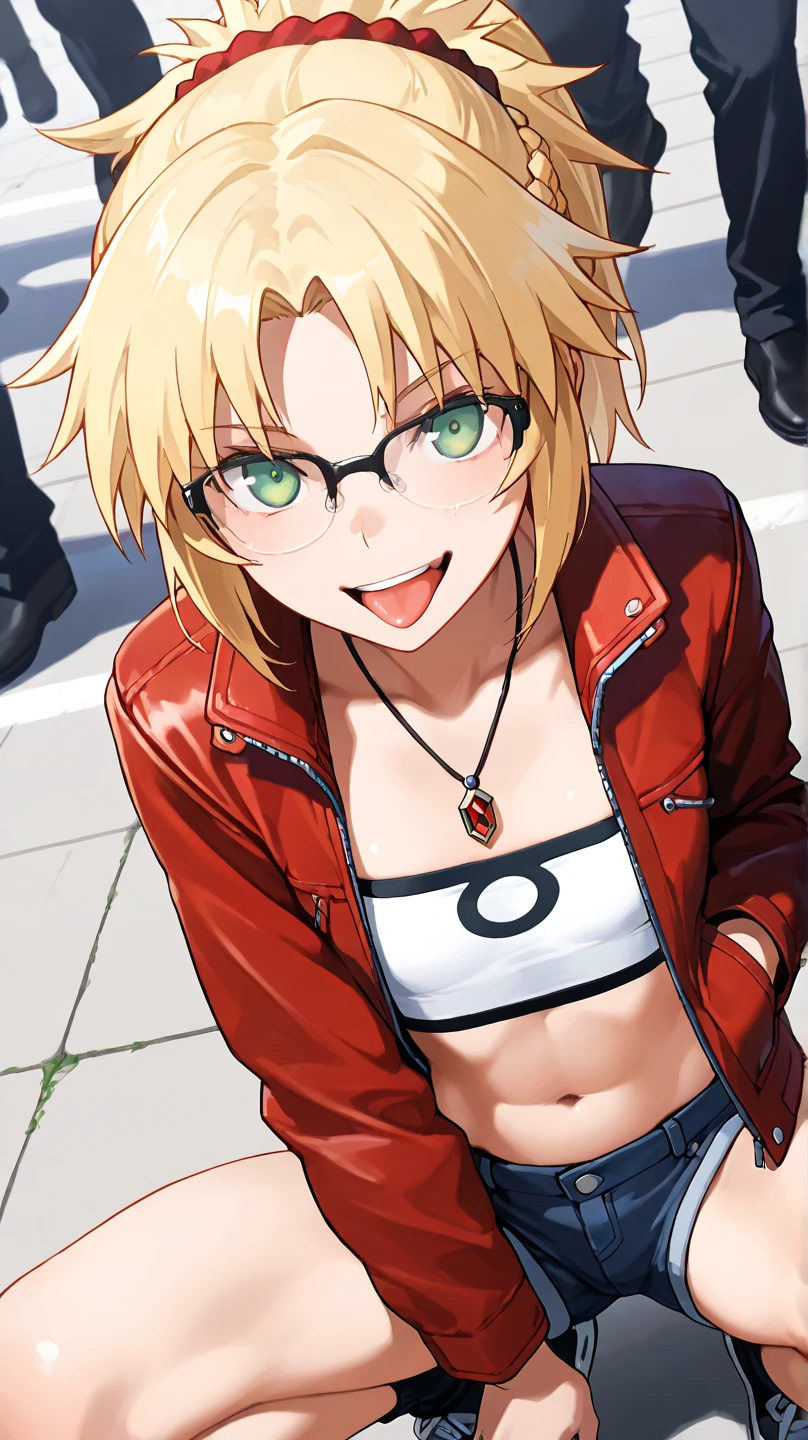 fgomordred
High quality ,  top quality , masterpiece,  high res, detailed face , anatomically correct , 
 detailed face 
緑の目,Blonde,  ponytail,  short hair, scrunchie,  red scrunchy ,  Hair Scrunchy,  flat chest, slightly toned body, a woman with a cool face , boyish woman , cool woman ,Eye colour(green)
In the city,In front of the public
The short denim , デニム  shorts, gem, midriff, belly button,  necklace,  Red Jacket, short  shorts,  shorts,  tube top , white top,
 high angle,closeup
Solo ,  1 girl,  from your hand and direct your gaze, , face facing directly in front of the viewer ,Put your hands inside the jacket , put your hands in the jacket pocket,
 is staring, open your mouth slightly ,smile,tongue,black-rimmed glasses
Yankee sitting( squats), squats,