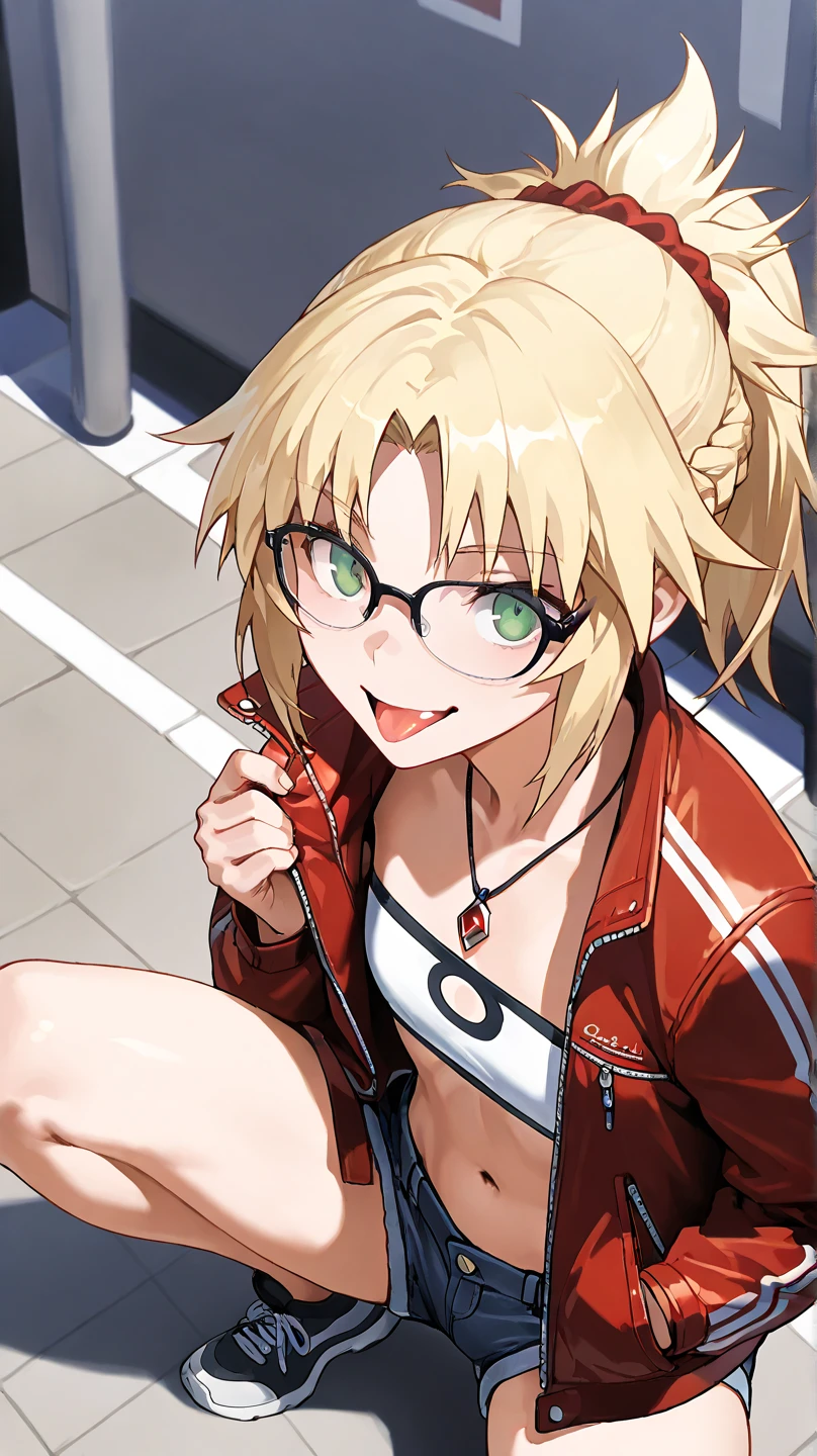 fgomordred
High quality ,  top quality , masterpiece,  high res, detailed face , anatomically correct , 
 detailed face 
緑の目,Blonde,  ponytail,  short hair, scrunchie,  red scrunchy ,  Hair Scrunchy,  flat chest, slightly toned body, a woman with a cool face , boyish woman , cool woman ,Eye colour(green)
In the city,In front of the public
The short denim , デニム  shorts, gem, midriff, belly button,  necklace,  Red Jacket, short  shorts,  shorts,  tube top , white top,
 high angle,closeup
Solo ,  1 girl,  from your hand and direct your gaze, , face facing directly in front of the viewer ,Put your hands inside the jacket , put your hands in the jacket pocket,
 is staring, open your mouth slightly ,smile,tongue,black-rimmed glasses
Yankee sitting( squats), squats,