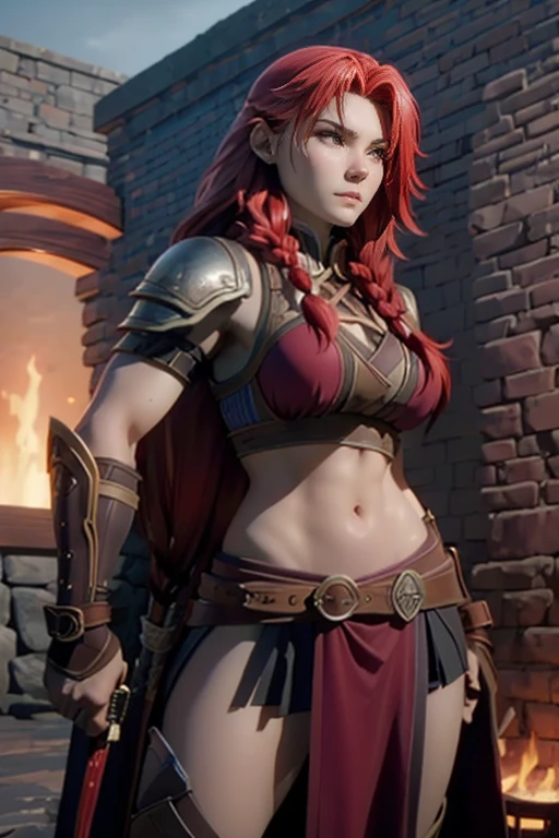 ((God of War Ragnarok Style, God of War Ragnarok Universe, Full body photo, standing, down to earth)), (Gaiana a Spartan warrior, large breasts, black/brown leather and gold details/Spartan warrior costume, tight costume on the body, extremely exhibitionist, extremely pale whitish skin, tattoos all over her body and face), ((she is in an ancient macabre Greek temple at night raining hard)), she has ((mohawk-style red hair, blue eyes, looking directly at the viewer)), closed fists, water-soaked hair/body/clothing, fighting position, sword at waist, God of War Ragnarok, crazy smile, anime, 16k, award winning, high details, high quality, textured skin, anatomically correct, masterpiece, UHD, ccurate