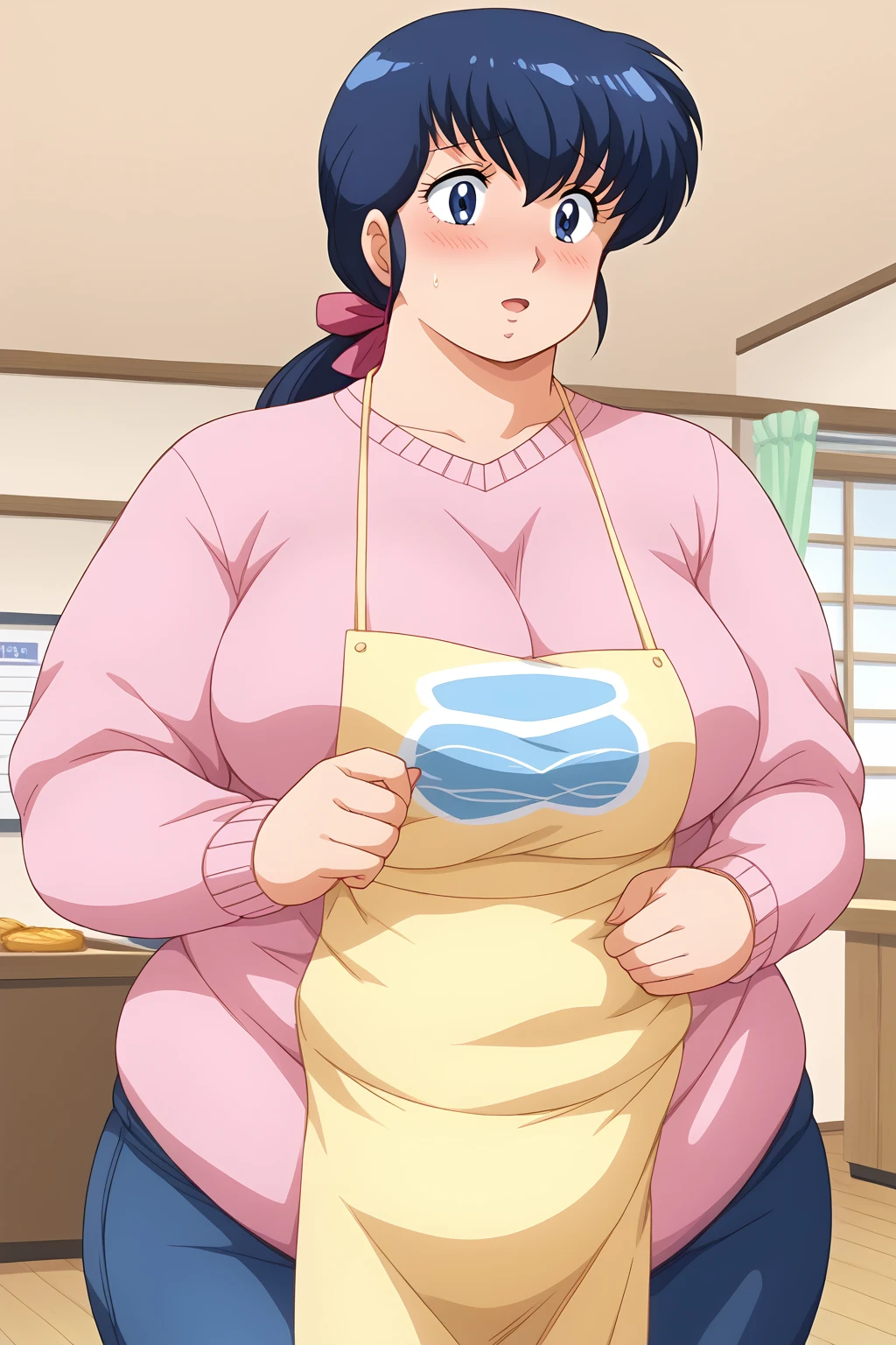 Otonashi Kyoko, Kyoko Otonashi,  long hair, 紺色の髪,low ponytail, pink barrette ribbon, Dark blue eyes, plain clothes ,  pink sweater, Blue jeans, Yellow apron,  shirt with white collar , living room,milf,,blush,  troubled expression, embarrassed expression,SUPER SIZE BIG BEAUTIFUL WOMAN,  score_9, score_8_ up、 score_7_ up、 score_6_ up、 score_5_ up、 score_4_ up、 Masterpiece 、 top quality 、 very aesthetic、 absurd, source ,  anime screencap, one woman、Alone、 personal , Curvy、chubby, chubby, Severe obesity、