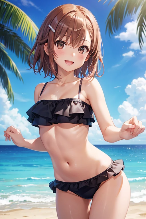 misaka mikoto、 shiny hair,  short hair, ( beautiful brown eyes、)、smile、 super detailed eyes、((hair clip)), very detailed face,  highly detailed eyes ,cowboy shot,、( One Girl )、 ,Master Piece,  top quality ,  high res, masterpiece , 




masterpiece,  top quality ,  absurd,  Perfect Anatomy,  1 girl, Alone,   Beach ,  palm tree, water, (部分的にwater没した), smile, :d,  in a circle,  frill bikini,  cute,  cute bikini,  Dynamic Poses