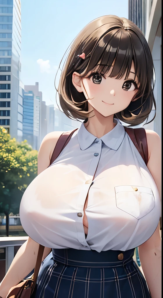  young woman、smile、 cool hairstyle、 blanking in the heart of the city、masterpiece、 high res、16k、 fresh colored spring clothes depicting the upper body、(Very close:1.5)、Explore the city、( Her costume is dirty :1.5)、 huge breasts:1.5、 sleeveless、Unbuttoned 