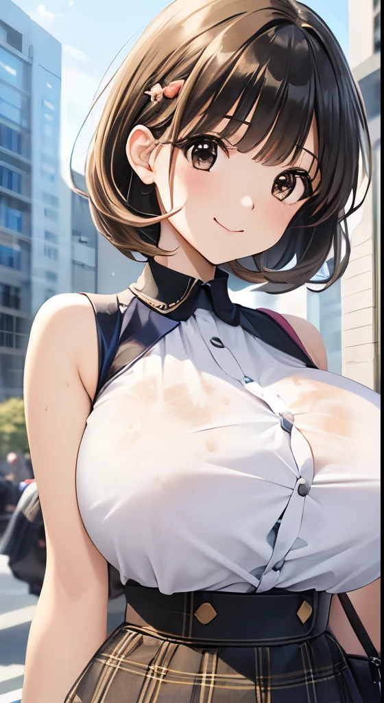  young woman、smile、 cool hairstyle、 blanking in the heart of the city、masterpiece、 high res、16k、 fresh colored spring clothes depicting the upper body、(Very close:1.5)、Explore the city、( Her costume is dirty :1.5)、 huge breasts:1.5、 sleeveless、Unbuttoned 