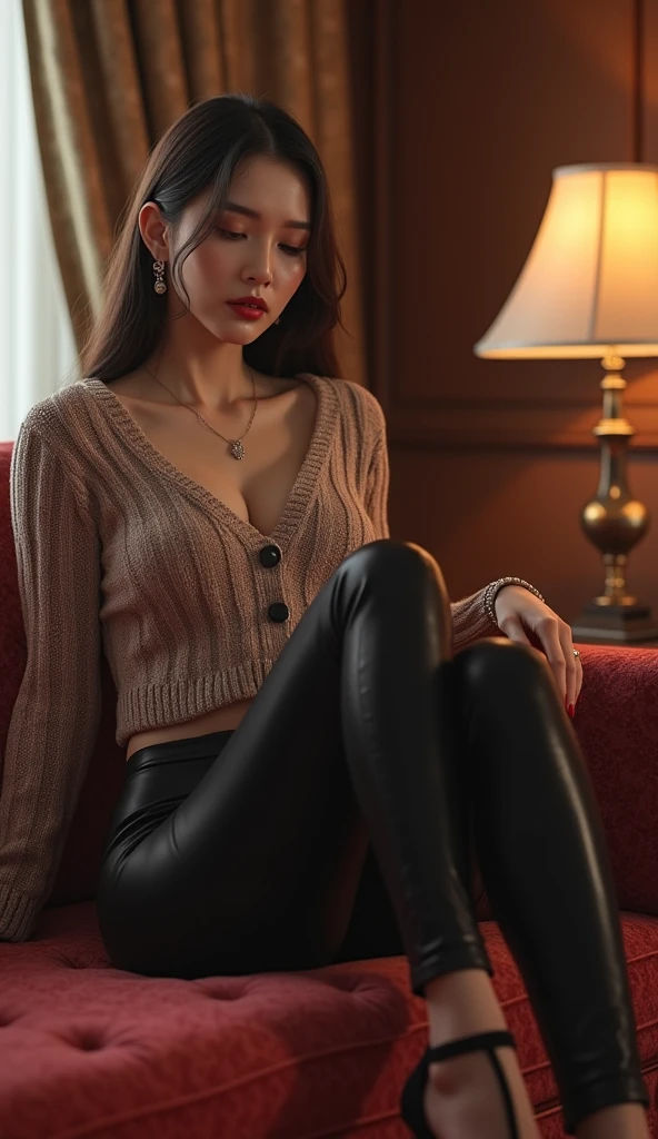 (RAW shooting, Photoreal:1.5, 8k, highest quality, masterpiece, ultra high resolution), perfect dynamic composition:1.2, Highly detailed skin and facial textures:1.2,beautiful and aesthetic:1.2, full body, Fair skin, (large breast:1.4, Chest gap:1.4),(perfect limbs:1.2), (perfect fingers:1.2),(1girl, tall,caucasian,(sitting:2,chair:1.2,legs crossed:1.7),earrings,necklace, makeup:1.2, brunette hair, single braid,tight red top,sleeveless,belt,(red pants:1.2),sandals),(simple background:1),