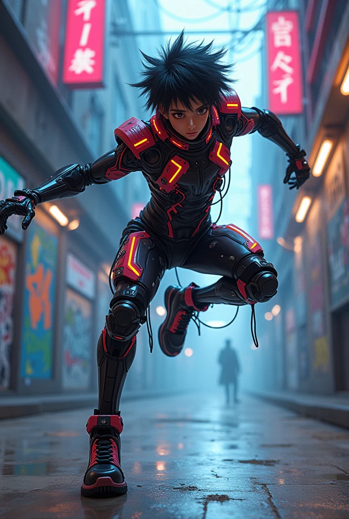 ((masterpiece, best quality)),(complex light),astro boy,black hair, brown eyes,red boots, fighting postion, about to fight, futuristic city varied multi etc. --v 6 --s 1000 --c 20 --q 20 --chaos 100