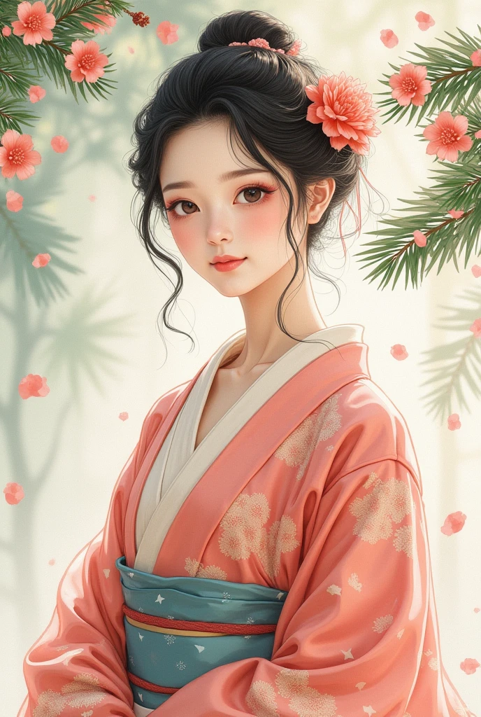  beautiful 20 year old Japanese woman, Elegance and grace.  The flowing lines and gentle expression of a kimono , Hand-painted watercolor effects , The background evokes nostalgia. Pine branches , Camellia flower petals, Open the top slightly, The body faces forward and looks at us, manga anime,  high image quality, masterpiece, 