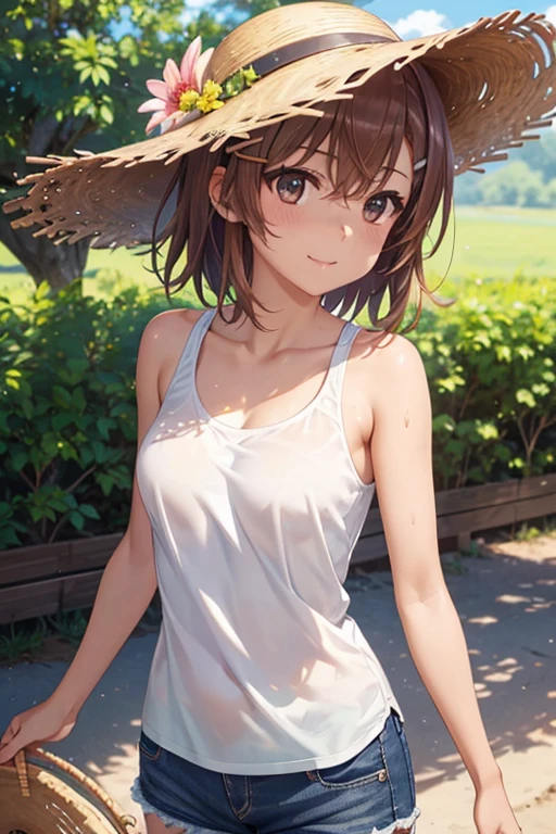 anegasaki nene、Shiny brown hair, short hair, Beautiful brown eyes、smile、Sparkling eyes, (Fine grain)、Ultra-detailed eyes、Highly detailed face, Highly detailed eyes,
Summer Park、Crop Camisole、Shapely bust、sexy、Denim traw hat、Laughter、Red cheeks、A shining, cute, beautiful face of an 18-year-old,Cute beauty、Small Face Beauty,White skin,Shiny skin,, Dazzling and beautiful light、Stand as if dancing、Hair blowing in the wind