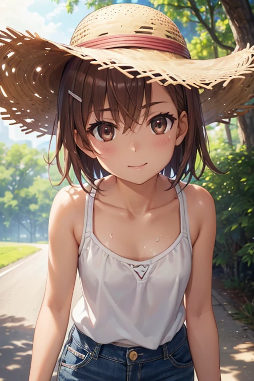 misaka mikoto、 shiny hair,  short hair, ( beautiful brown eyes、)、smile、 super detailed eyes、((hair clip)), very detailed face,  highly detailed eyes ,cowboy shot,、( One Girl )、 ,Master Piece, 最 High Quality ,  high res, masterpiece , 





( High Quality ,  high res,  Finer Details ,  realistic ), 
( High Quality ,  high res,  Finer Details ),  Country Road , Strong summer sunlight,  Straw Hat ,  tank top ,  shorts, Alone, 
Adult female, Sparkling Eyes, (  DETAILS EYES :1.2), ( happy ), , sweat, Brown Skin,  oily skin ,   view from below, Soft Tone,  shallow depth of field