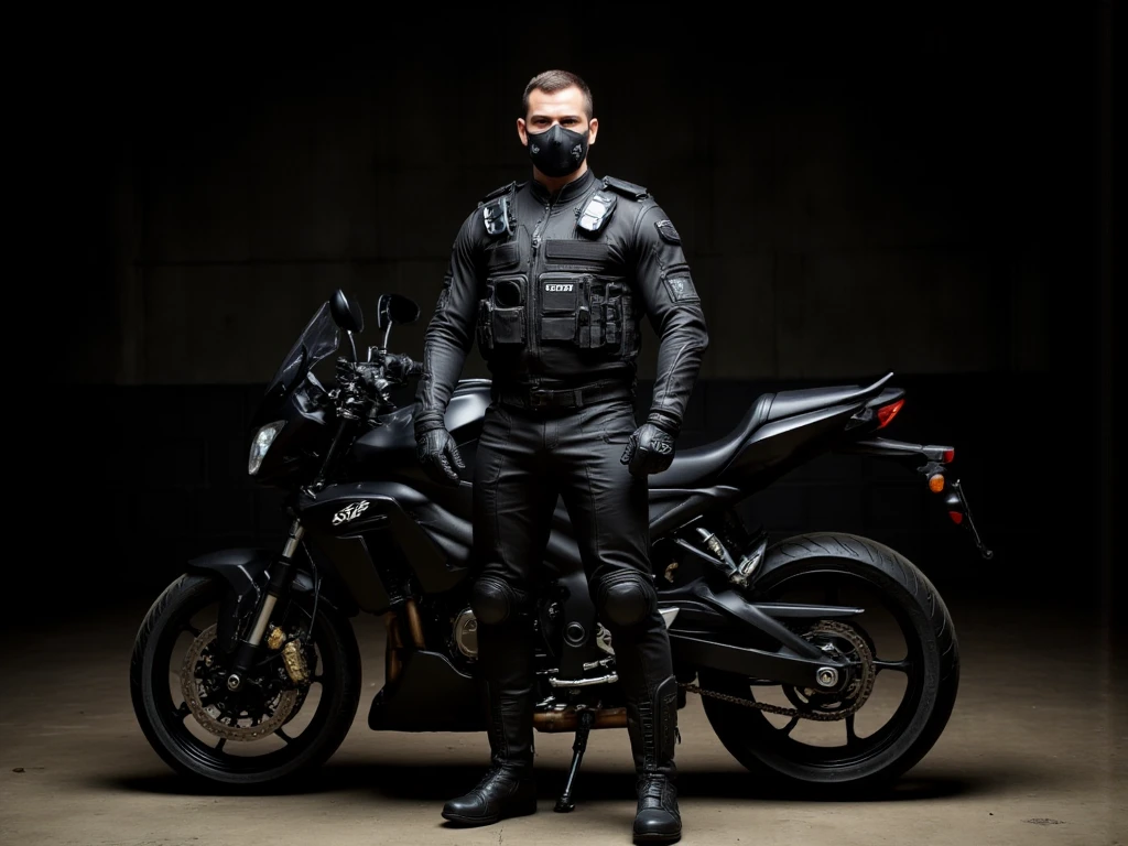 A full-body image of a muscular adult male dressed in police tactical gear, PTU-style, wearing a black leather full-body suit, mask, and tactical boots. The sleek leather outfit provides full coverage, exuding a dark and intense atmosphere. The scene is illuminated by low light, casting dramatic shadows that enhance the mysterious and powerful presence. He stands beside a heavy-duty police motorcycle, ready for action. The composition emphasizes his commanding stance and the tactical precision of his gear,Future City Technology,blending a sleek, futuristic aesthetic with a gritty, law enforcement vibe.