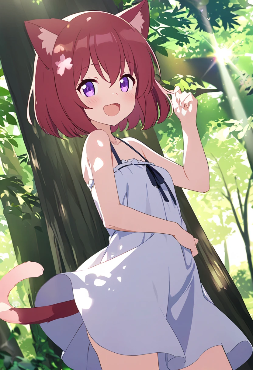  top quality 、 One Girl 、 Anime Paint、 cat ears and tail 、Cute single tusk、Shiny red hair、 short hair、 purple eyes、 in the woods、The sun shines in、 slender body、Slender legs、Tiny breasts、 White and Black Dress、 open her mouth 、blush、smile