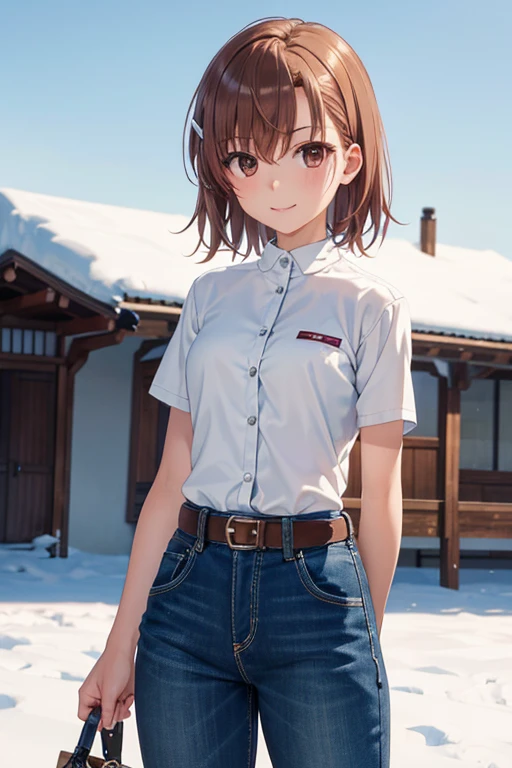 misaka mikoto、 shiny hair,  short hair, ( beautiful brown eyes、)、smile、 super detailed eyes、((hair clip)), very detailed face,  highly detailed eyes ,cowboy shot,、( One Girl )、 ,Master Piece,  top quality ,  high res, masterpiece , 







 Alone,  very delicate , masterpiece,  top quality ,  high res, ondr, 1 person,  comments,  denim pants,  outdoor, snow,  Cowboy Shot ,