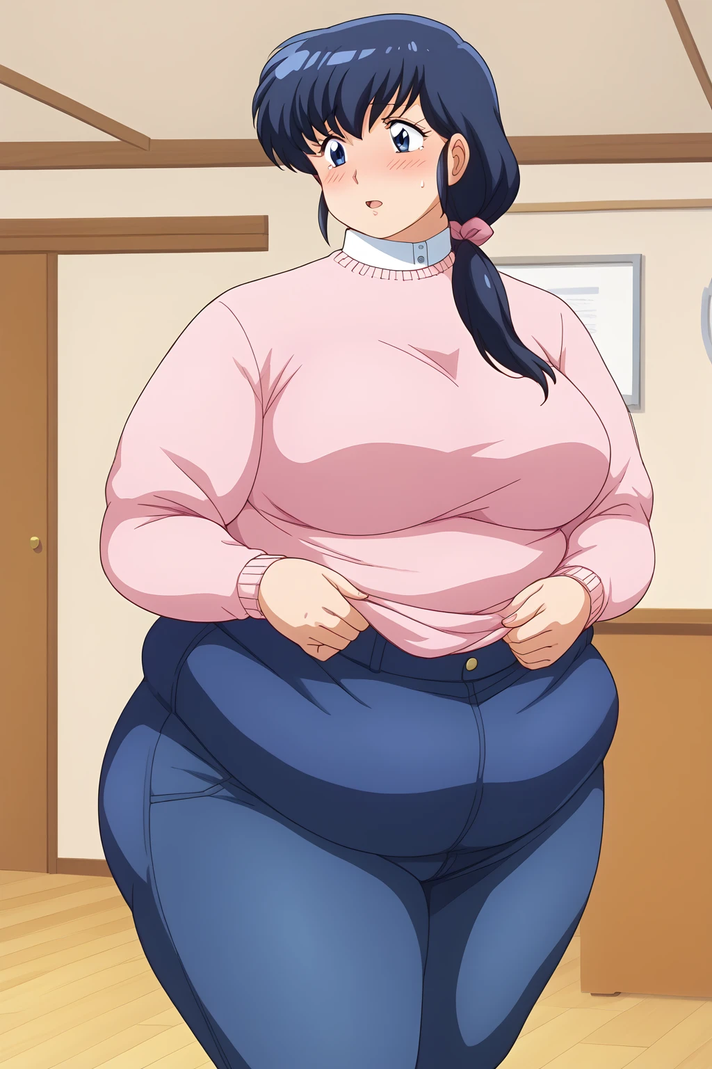 Otonashi Kyoko, Kyoko Otonashi,  long hair, 紺色の髪,low ponytail, pink barrette ribbon, Dark blue eyes,  pink sweater, Blue jeans,  shirt with white collar , living room,milf,,blush,  troubled expression, embarrassed expression,  score_9, score_8_ up、 score_7_ up、 score_6_ up、 score_5_ up、 score_4_ up、 Masterpiece 、 top quality 、 very aesthetic、 absurd, source ,  anime screencap, one woman、Alone、 personal , Curvy、chubby, chubby, Severe obesity、