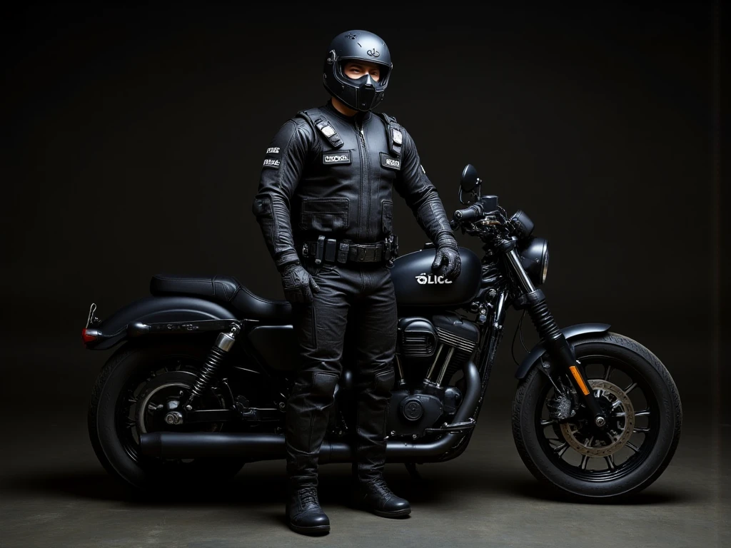 A full-body image of a muscular adult male dressed in police tactical gear, PTU-style, wearing a black leather full-body suit, mask, and tactical boots. The sleek leather outfit provides full coverage, exuding a dark and intense atmosphere. The scene is illuminated by low light, casting dramatic shadows that enhance the mysterious and powerful presence. He stands beside a heavy-duty police motorcycle, ready for action. The composition emphasizes his commanding stance and the tactical precision of his gear,Future City Technology,blending a sleek, futuristic aesthetic with a gritty, law enforcement vibe.