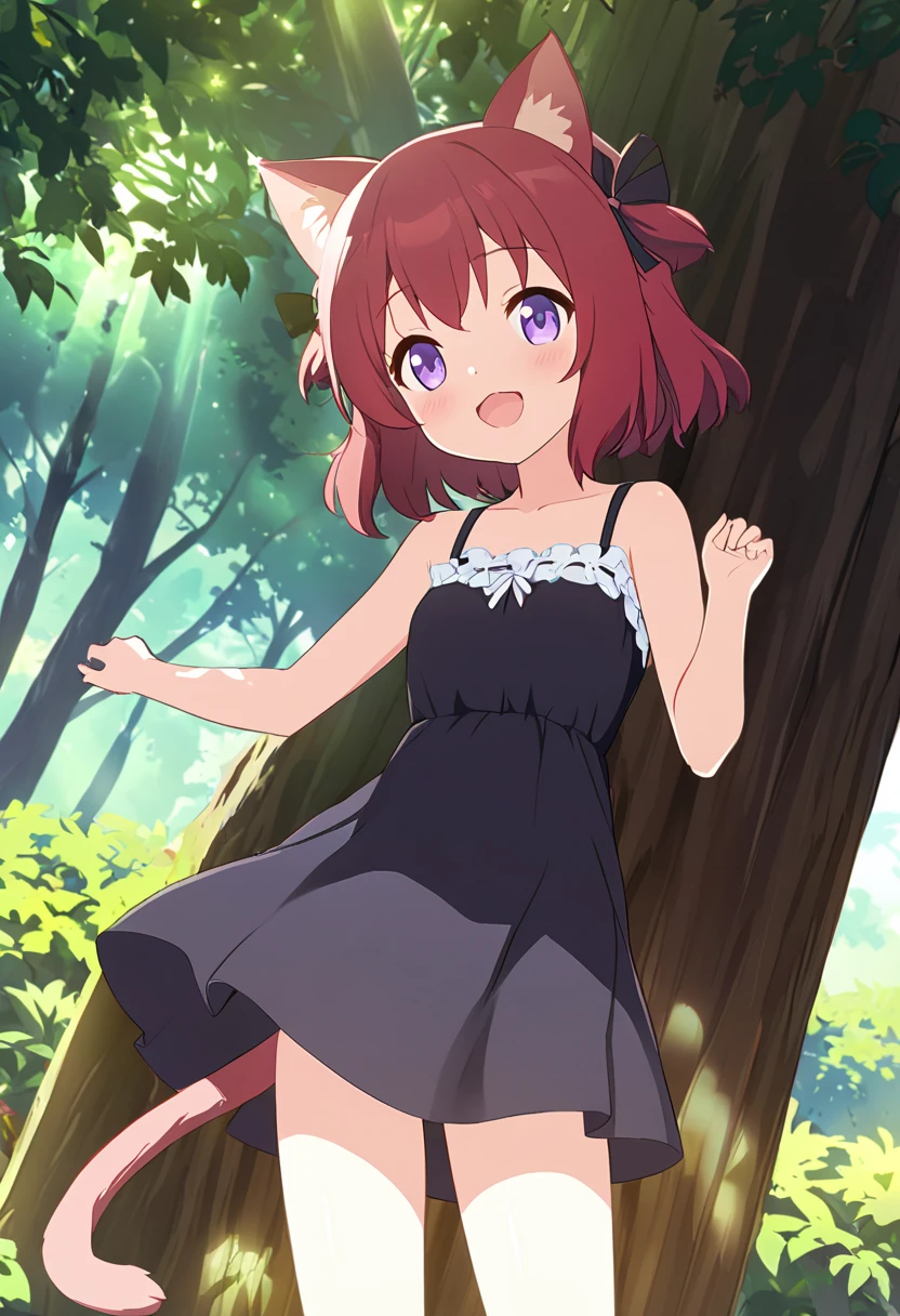  top quality 、 One Girl 、 Anime Paint、 cat ears and tail 、Cute single tusk、Shiny red hair、 short hair、 purple eyes、 in the woods、The sun shines in、 slender body、Slender legs、Tiny breasts、 white and black dress、 open her mouth 、blush、smile