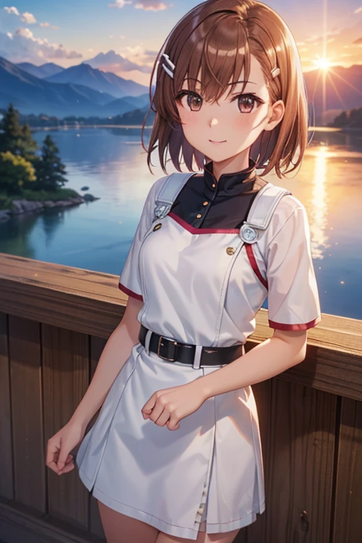 misaka mikoto、 shiny hair,  short hair, ( beautiful brown eyes、)、smile、 super detailed eyes、((hair clip)), very detailed face,  highly detailed eyes ,cowboy shot,、( One Girl )、 ,Master Piece,  top quality ,  high res, masterpiece , 




( top quality 、4K、8k、 high res、masterpiece: 1.2)、The evening breeze is long ，， the sunset on the mountainside ， the sun on the back of a goose