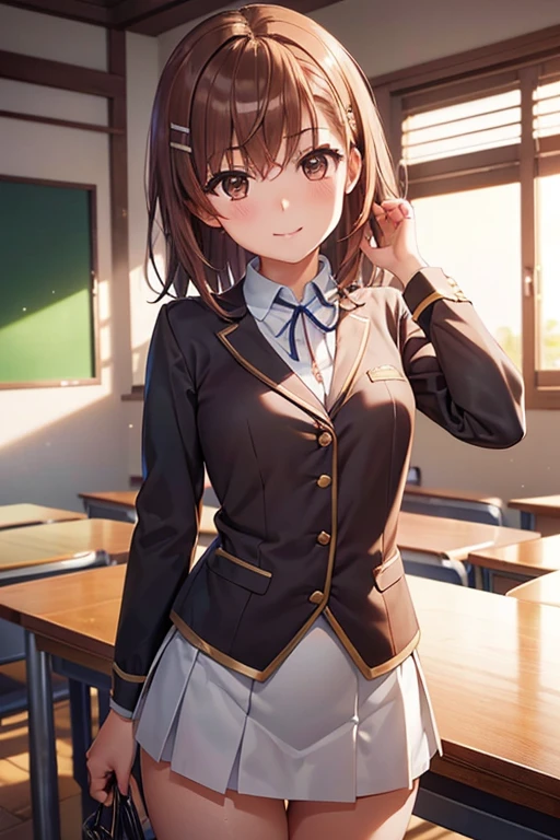 misaka mikoto、 shiny hair,  short hair, ( beautiful brown eyes、)、smile、 super detailed eyes、((hair clip)), very detailed face,  highly detailed eyes ,cowboy shot,、( One Girl )、 ,Master Piece,  top quality ,  high res, masterpiece , 



(8k, Photorealistic, masterpiece,  top quality ,  RAW photos :1.3)、One woman, Age 25,Alone, high school girl,  long hair, Brown Hair,  Detailed Beautiful Face ,  attractive face , (細部までこだわった beautiful brown eyes:1.2),  medium breasts,(Loose-fitting suits,  miniskirt :1.35), (  perfect body slim beauty: 1.4),(  seduction pose :1.3), ( viewers sweat a lot, Front View, eyes focus:1.2),  detailed background, (sunset:1.2), classroom, Fine Details,  intricate detail,   ray tracing,  depth of field , 魅惑的なsmile,classroom,