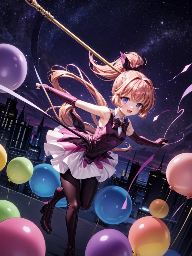 one girl, Meimi Haneoka, Saint tail, cute face, thin and tall, smile, blue eyes, brown long hair, ponytail with ribbon, magical girl, dark purple and pink sleeveless dress, dark purple elbow gloves, dark purple pantyhose, dark purple thigh boots, magical stick, full body shot, balloon, rooftop scenery, night view