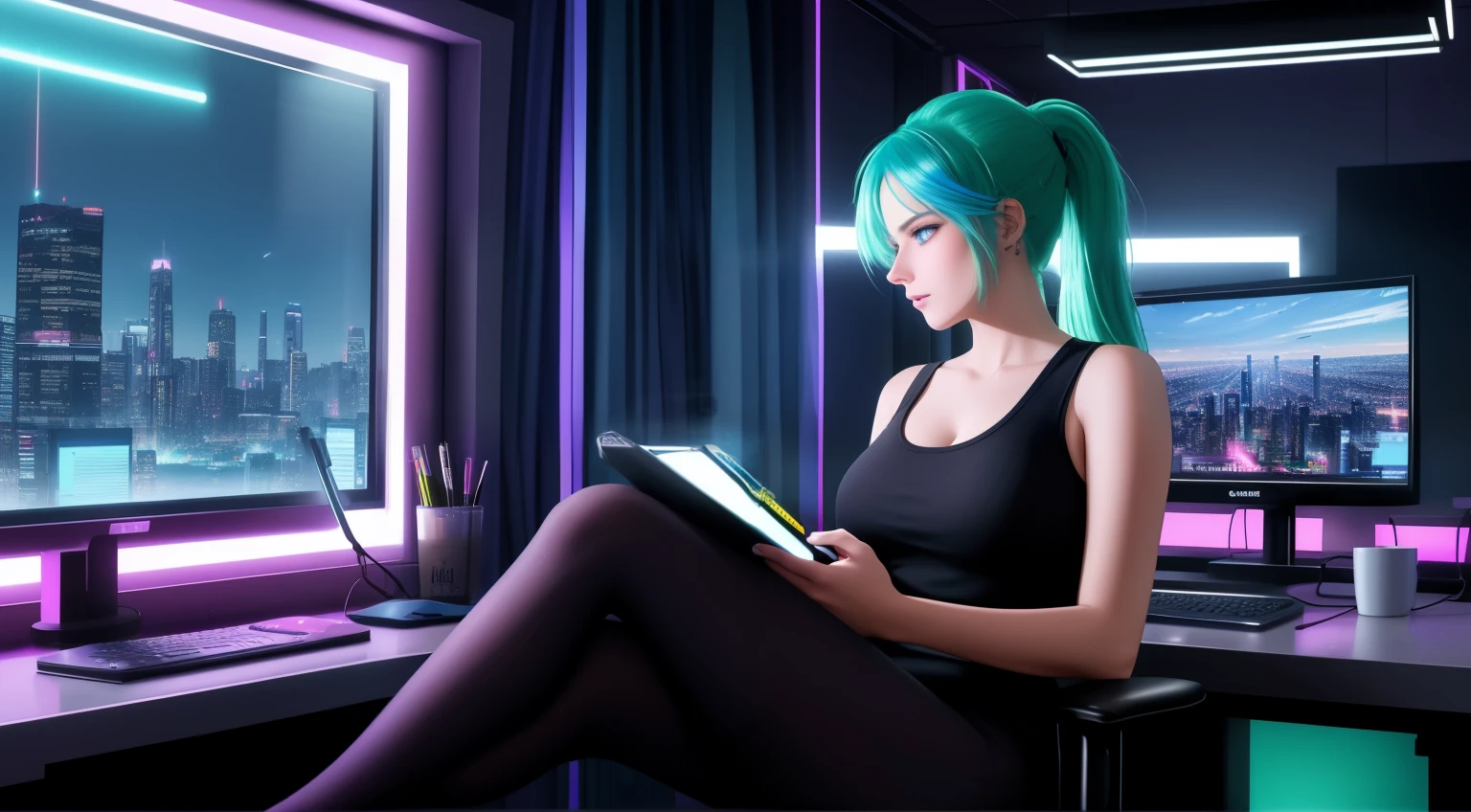 "A woman with green hair tied in a ponytail is sitting in front of a computer, her hands actively typing on the keyboard as she focuses intently on coding. She has striking blue eyes that reflect the glow of the computer screen, adding to her intense expression. She is wearing a pink tank top and black leggings, her posture relaxed yet engaged, reflecting her deep concentration. The desk holds a steaming cup of coffee, a pen holder, and neatly organized notebooks, while the computer screen emits a soft glow that highlights her determined demeanor. The background reveals a vibrant cyberpunk cityscape through a large window, with neon lights in shades of purple, blue, and pink illuminating towering skyscrapers adorned with holographic billboards and glowing advertisements. Flying vehicles streak across the sky, leaving shimmering trails of light. The room is bathed in a blend of the screen's glow and the neon ambiance outside, creating a futuristic, high-tech atmosphere. The sheer curtains sway gently from a cool breeze, adding a sense of motion to the serene yet dynamic scene."