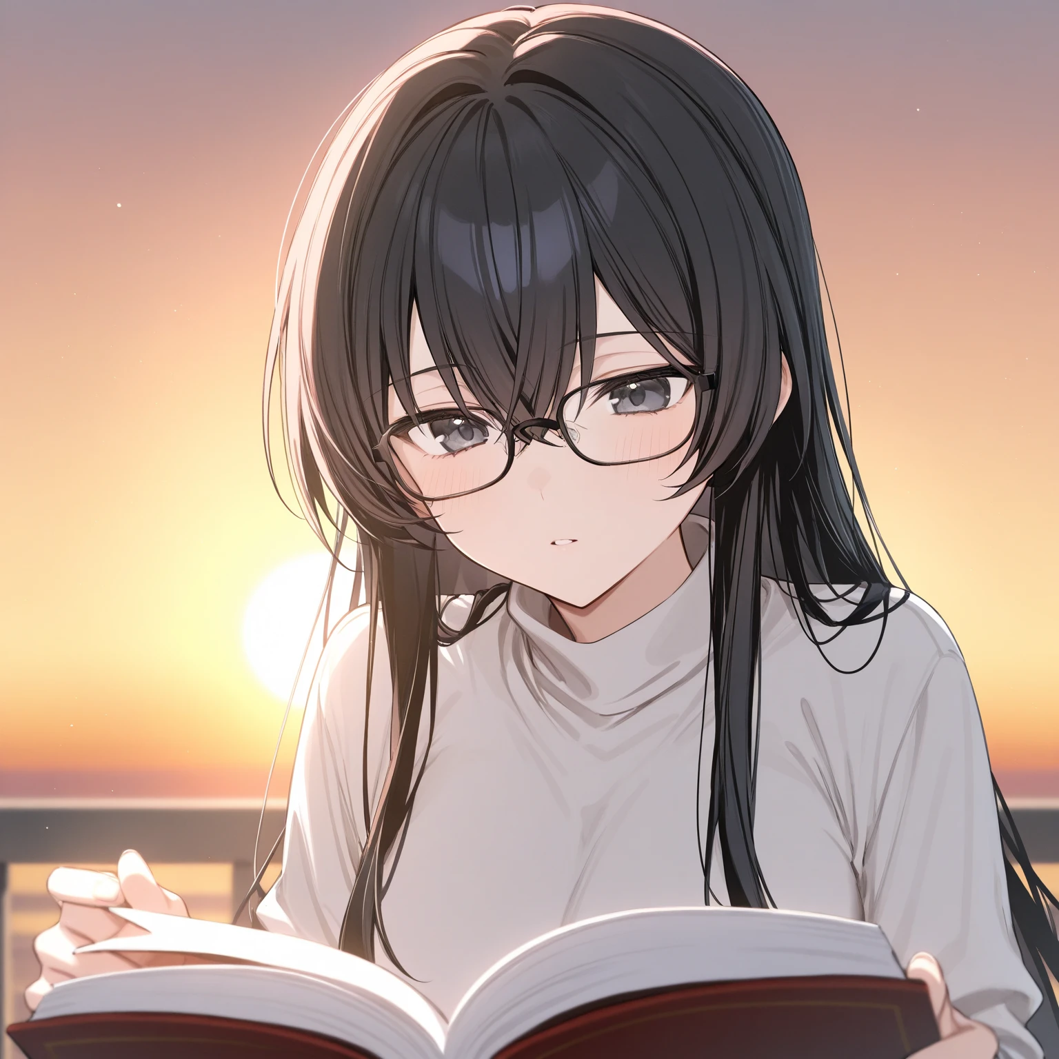 masterpiece:1.2,best quality, ultra detailed,
anime,1 uncouth woman wearing thick-rimmed black-rimmed glasses has long black hair, reading a book,first sunrise