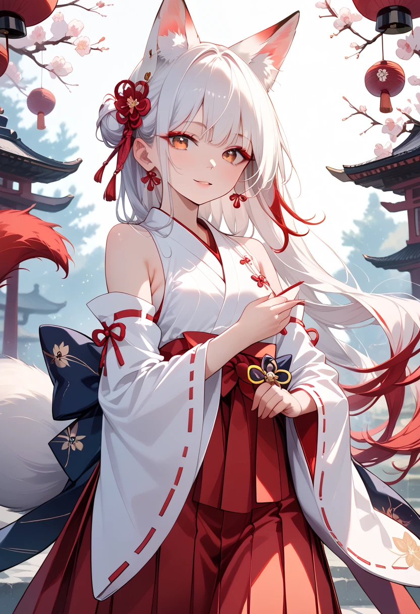 ((masterpiece, best quality, ultra detailed, high resolution, detailed facial description)), (solo, 1 noble woman:1.3), (miko, hakama skirt, detached sleeves), (fox ears, fox, tail), (long white hair, red gradation color hair:1.3), (tsurime:1.3, fox eyes), (red eyeliner)