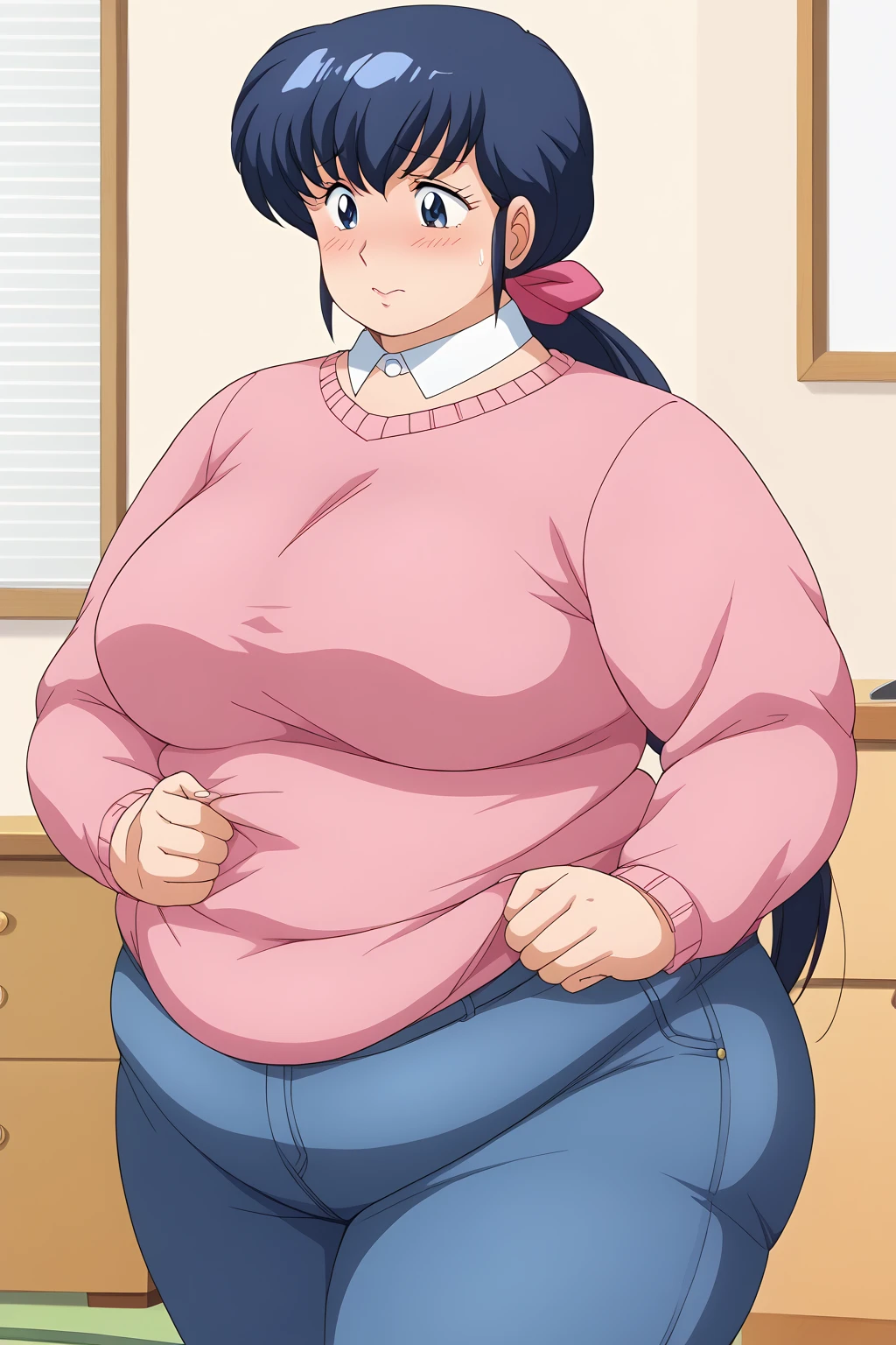 Otonashi Kyoko, Kyoko Otonashi,  long hair, 紺色の髪,low ponytail, pink barrette ribbon, Dark blue eyes,  pink sweater, Blue jeans,  shirt with white collar , living room,milf,,blush,  troubled expression, embarrassed expression,  score_9, score_8_ up、 score_7_ up、 score_6_ up、 score_5_ up、 score_4_ up、 Masterpiece 、 top quality 、 very aesthetic、 absurd, source ,  anime screencap, one woman、Alone、 personal , Curvy、chubby, chubby, Severe obesity、