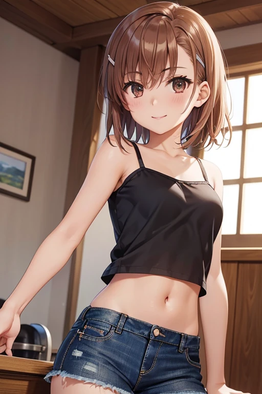 misaka mikoto、 shiny hair,  short hair, ( beautiful brown eyes、)、smile、 super detailed eyes、((hair clip)), very detailed face,  highly detailed eyes ,cowboy shot,、( One Girl )、 ,Master Piece,  top quality ,  high res, masterpiece , 




(masterpiece,  top quality :1.2),  1 person, Alone, Alone focus,  short hair, smile,  Show Viewers , 
Black Crop Camisole,  be careful when browsing barefoot in denim miniskirt , Pokies,