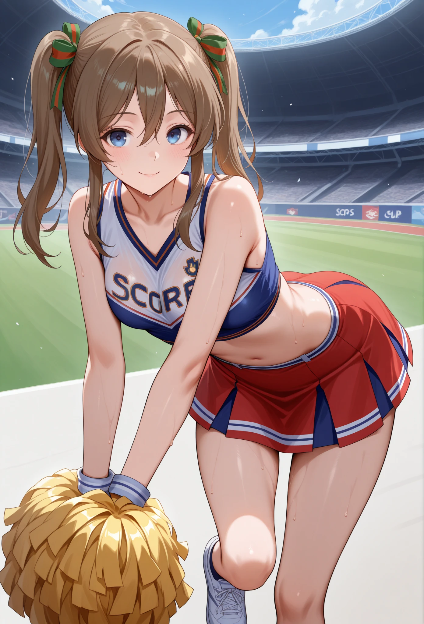 masterpiece, best quality, amazing quality, very aesthetic, absurdres,  looking the viewer,
 akwendy, brown hair, 1girl, twintails, long hair, blue eyes,, hair ribbon, hair between eyes,  cheerleader, midriff, pom pom \(cheerleading\), stadium, sneakers, cowboy shot, sweat, smile, bent over,