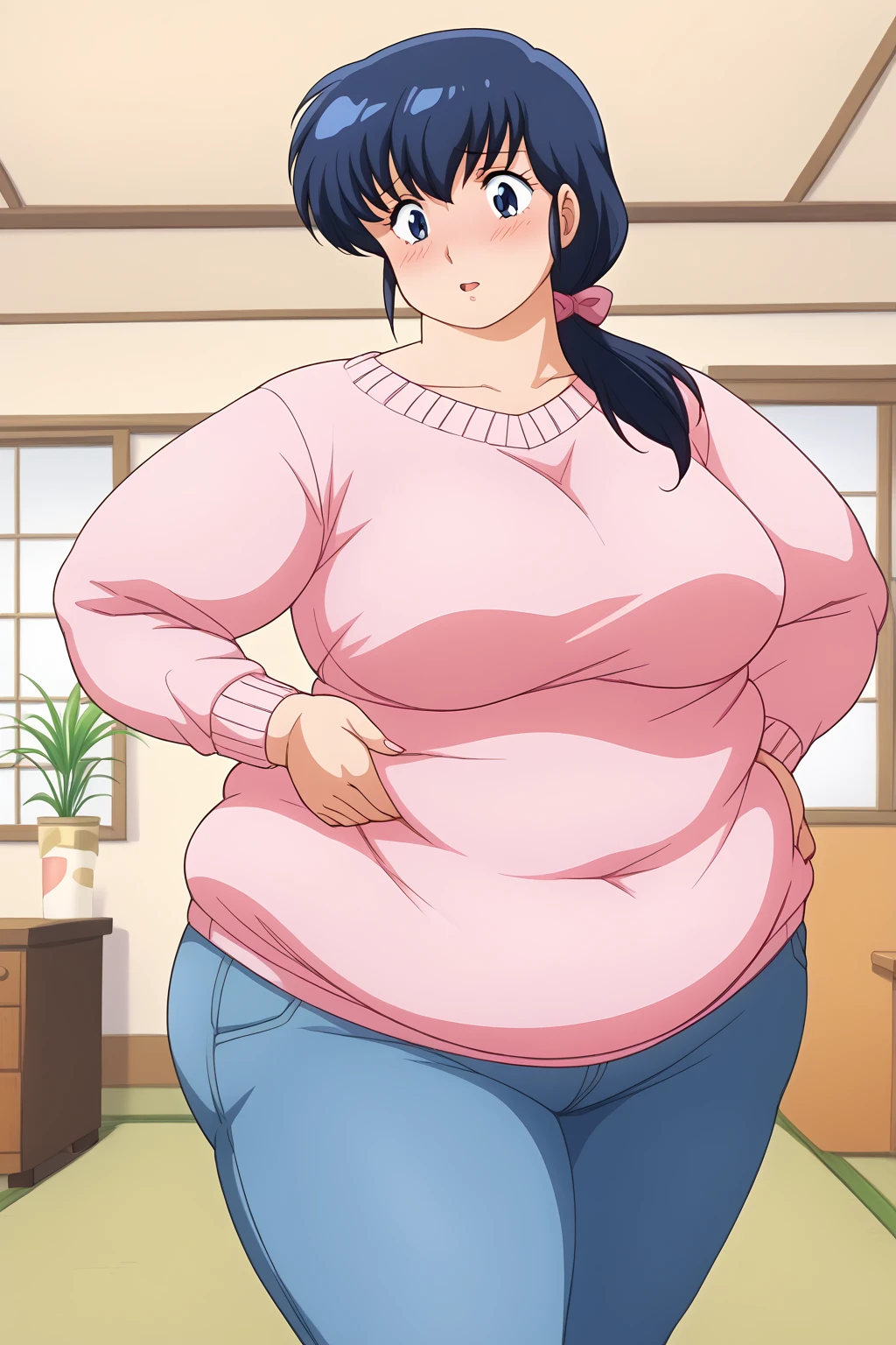 Otonashi Kyoko, Kyoko Otonashi,  long hair, 紺色の髪,low ponytail, pink barrette ribbon, Dark blue eyes,  pink sweater, Blue jeans,  white Y shirt, living room,milf,,blush,  troubled expression, embarrassed expression,  score_9, score_8_ up、 score_7_ up、 score_6_ up、 score_5_ up、 score_4_ up、 Masterpiece 、 top quality 、 very aesthetic、 absurd, source ,  anime screencap, one woman、Alone、 personal , Curvy、chubby, chubby, Severe obesity、