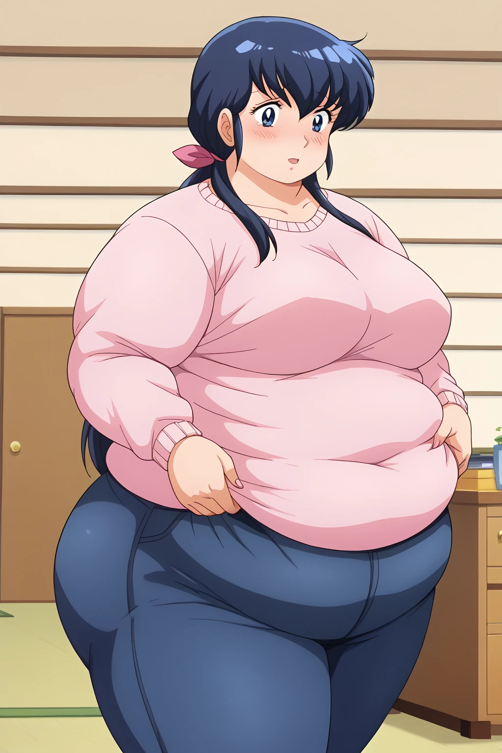 Otonashi Kyoko, Kyoko Otonashi,  long hair, 紺色の髪,low ponytail, pink barrette ribbon, Dark blue eyes,  pink sweater, Blue jeans,  white Y shirt, living room,milf,,blush,  troubled expression, embarrassed expression,  score_9, score_8_ up、 score_7_ up、 score_6_ up、 score_5_ up、 score_4_ up、 Masterpiece 、 top quality 、 very aesthetic、 absurd, source ,  anime screencap, one woman、Alone、 personal , Curvy、chubby, chubby, Severe obesity、