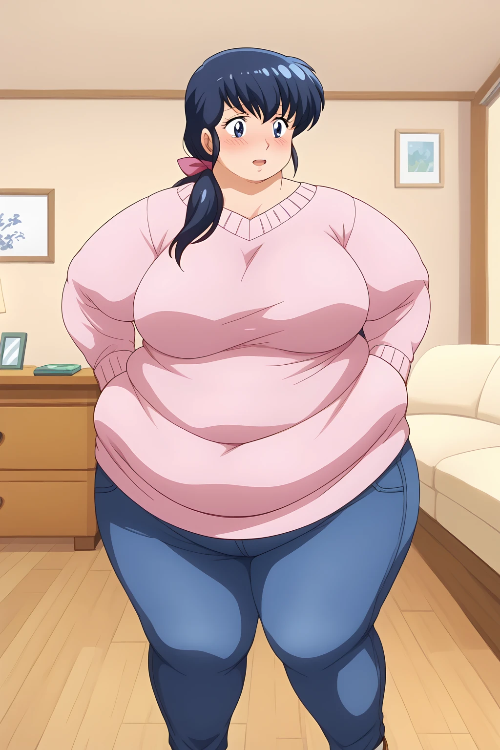 Otonashi Kyoko, Kyoko Otonashi,  long hair, 紺色の髪,low ponytail, pink barrette ribbon, Dark blue eyes,  pink sweater, Blue jeans,  white Y shirt, living room,milf,,blush,  troubled expression, embarrassed expression,  score_9, score_8_ up、 score_7_ up、 score_6_ up、 score_5_ up、 score_4_ up、 Masterpiece 、 top quality 、 very aesthetic、 absurd, source ,  anime screencap, one woman、Alone、 personal , Curvy、chubby, chubby, Severe obesity、