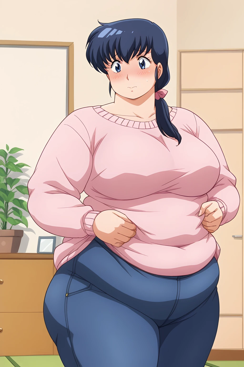 Otonashi Kyoko, Kyoko Otonashi,  long hair, 紺色の髪,low ponytail, pink barrette ribbon, Dark blue eyes,  pink sweater, Blue jeans,  white Y shirt, living room,milf,,blush,  troubled expression, embarrassed expression,  score_9, score_8_ up、 score_7_ up、 score_6_ up、 score_5_ up、 score_4_ up、 Masterpiece 、 top quality 、 very aesthetic、 absurd, source ,  anime screencap, one woman、Alone、 personal , Curvy、chubby, chubby, Severe obesity、