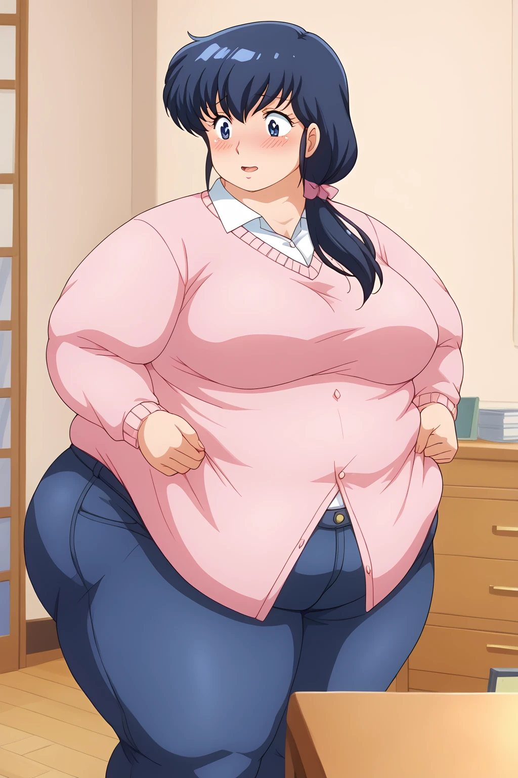 Otonashi Kyoko, Kyoko Otonashi,  long hair, 紺色の髪,low ponytail, pink barrette ribbon, Dark blue eyes,  pink sweater, Blue jeans,  white Y shirt, living room,milf,,blush,  troubled expression, embarrassed expression,  score_9, score_8_ up、 score_7_ up、 score_6_ up、 score_5_ up、 score_4_ up、 Masterpiece 、 top quality 、 very aesthetic、 absurd, source ,  anime screencap, one woman、Alone、 personal , Curvy、chubby, chubby, Severe obesity、