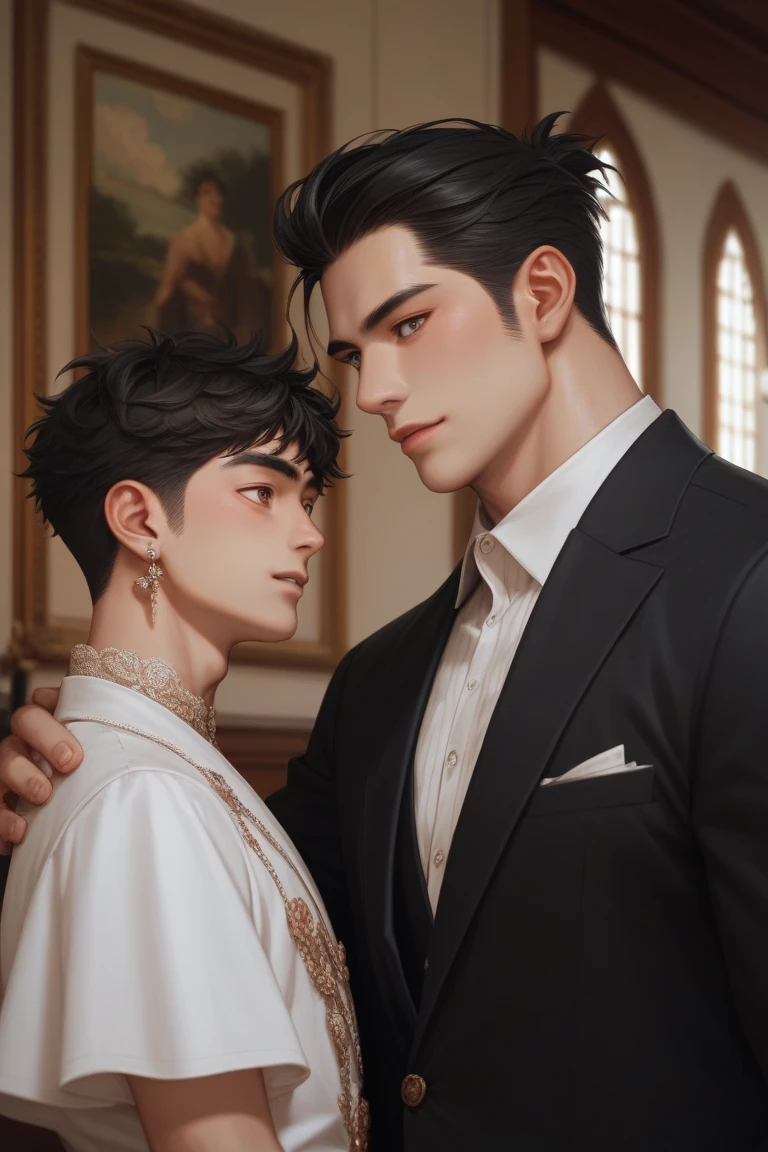 Elegant painting of a handsome Korean man with black hair and straight hazel eyes standing beside a taller, muscularJapanese man with black hair and brown eyes.