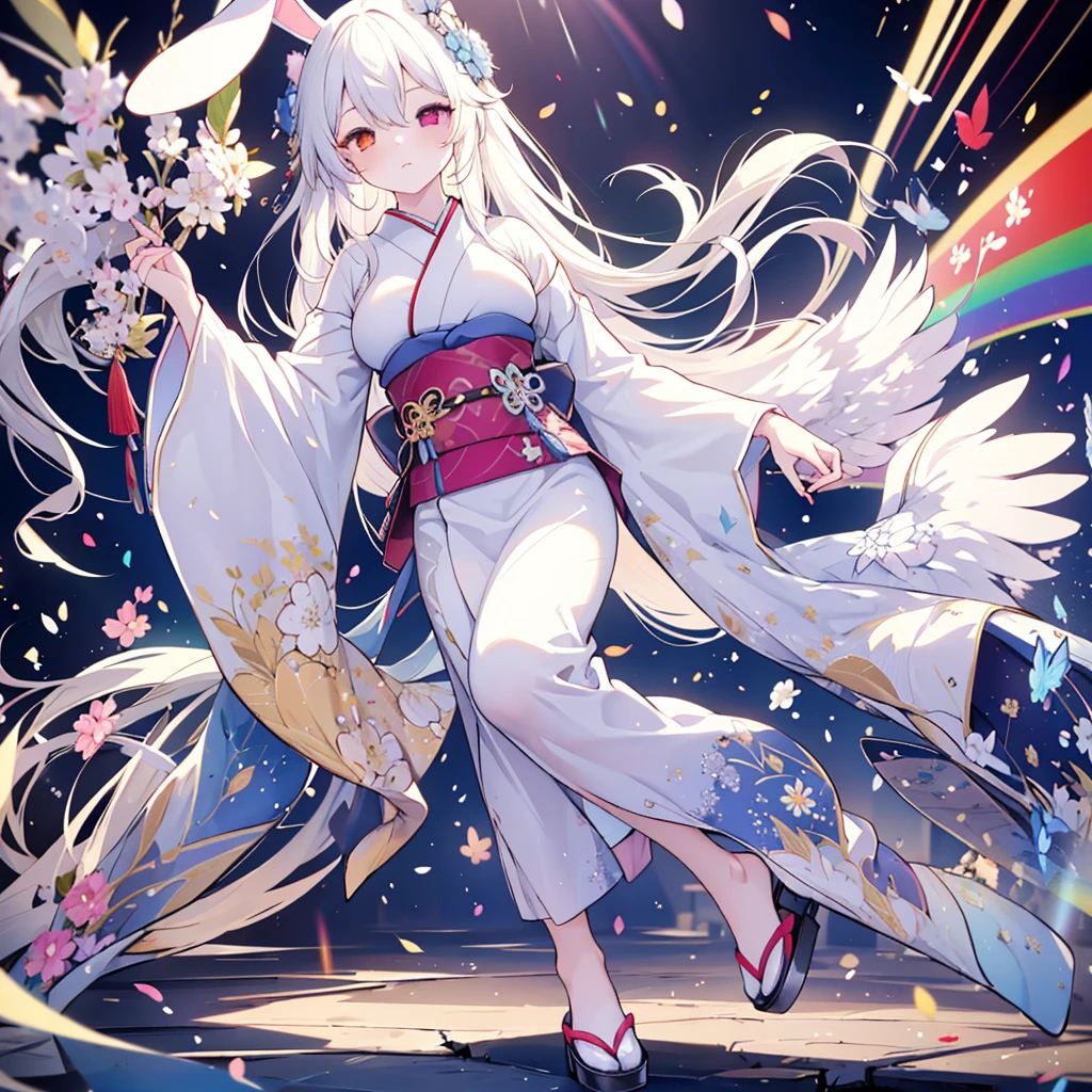 Hand Repair,Foot repair,masterpiece,8k,(((( 1 girl)))), beautiful girl,City Background,((((full body shot,very wide shot,Rabbit Ears,I'm hiding my ears with my hair)))),(((Perfect white hair, long hair))), ((((( rainbow heterochromia, Golden Eye Right Eye,Red Eye Left Eye , kimono,she wearing a blue color furisode,Big Breasts))))), facing forward 