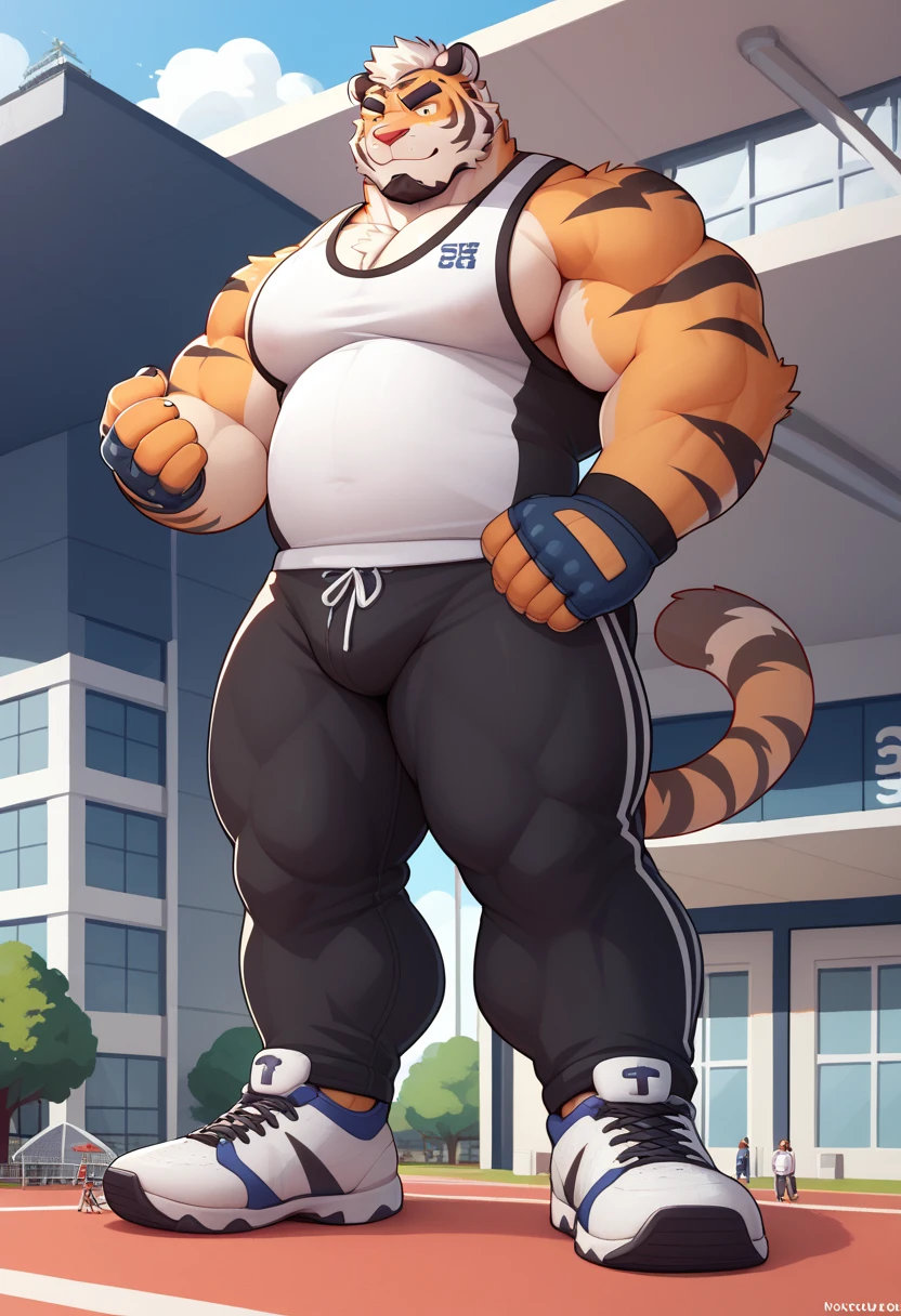 Scribble tiger face,furry(tiger),chubby, muscular, big strong muscle,( black eyebrows :1.1),(perfect eyes), black fur，White hair，alone,（artist:takemoto arashi),（jock:1.3）， standing, Sneakers，（ Black beard :1.3），（Civil :1.3, fingerless gloves, jock sport shirt, trainer pants) tiger (Massiv:3.0, ( heavyweight , strong,Macro, Emphasize, stands next to buildings,)), background (( university campus, training ground )),