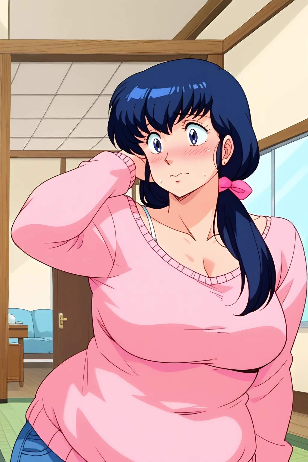 Otonashi Kyoko, Kyoko Otonashi,  long hair, 紺色の髪,low ponytail, pink barrette ribbon, Dark blue eyes,  pink sweater, Blue jeans,  white Y shirt, living room,milf,,blush,  troubled expression, embarrassed expression,  score_9, score_8_ up、 score_7_ up、 score_6_ up、 score_5_ up、 score_4_ up、 Masterpiece 、 top quality 、 very aesthetic、 absurd, source ,  anime screencap, one woman、Alone、 personal , Curvy、chubby, chubby, Severe obesity、