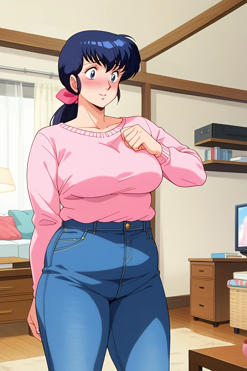 Otonashi Kyoko, Kyoko Otonashi,  long hair, 紺色の髪,low ponytail, pink barrette ribbon, Dark blue eyes,  pink sweater, Blue jeans,  white Y shirt, living room,milf,,blush,  troubled expression, embarrassed expression,  score_9, score_8_ up、 score_7_ up、 score_6_ up、 score_5_ up、 score_4_ up、 Masterpiece 、 top quality 、 very aesthetic、 absurd, source ,  anime screencap, one woman、Alone、 personal , Curvy、chubby, chubby, Severe obesity、