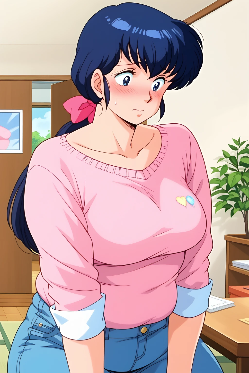 Otonashi Kyoko, Kyoko Otonashi,  long hair, 紺色の髪,low ponytail, pink barrette ribbon, Dark blue eyes,  pink sweater, Blue jeans,  white Y shirt, living room,milf,,blush,  troubled expression, embarrassed expression,  score_9, score_8_ up、 score_7_ up、 score_6_ up、 score_5_ up、 score_4_ up、 Masterpiece 、 top quality 、 very aesthetic、 absurd, source ,  anime screencap, one woman、Alone、 personal , Curvy、chubby, chubby, Severe obesity、