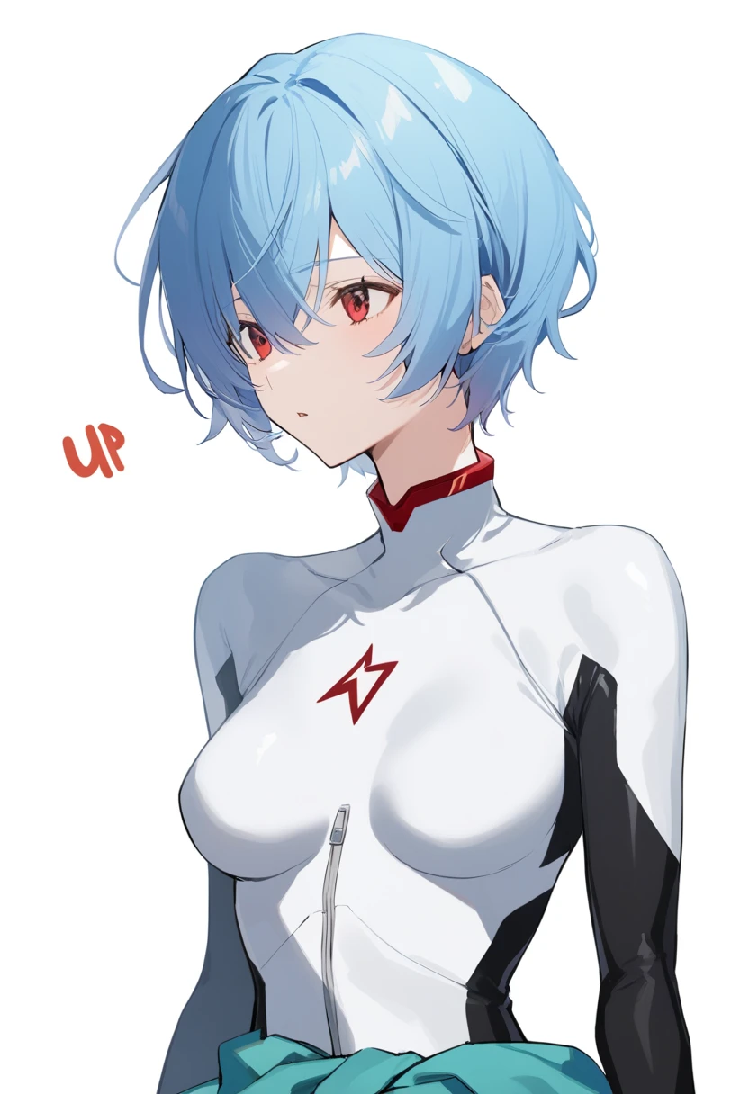 (futanari:1.8), One girl, Ayanami Rei, alone, Red eyes, Plug Suit, short hair, Blue Hair, chest, Bodysuits, Upper Body, White Background, white Bodysuits, Simple Background, Interface Headset, bangs, Mouth closed, Hair between the eyes, 大きなchest, medium quality, slow, nsfw