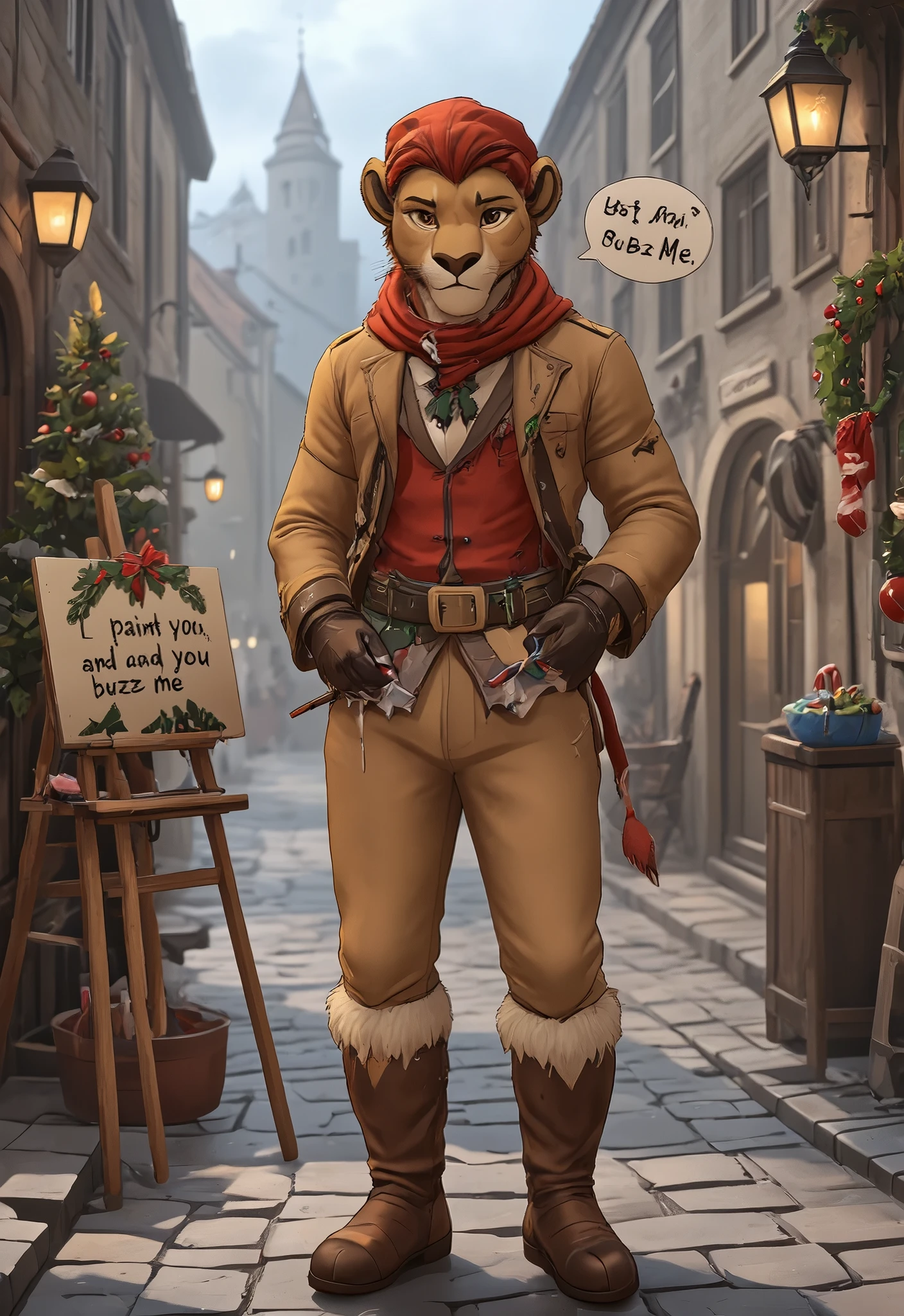 Photograph of handsome antropomorphic lion boy (((Kion))), dressed in Christmas decorated and extravagant warm winter clothes and a beret on his head, stands on a cobblestone street in old town by a painting stand like a wandering painter, offering to paint people's portraits for a fee. In one hand he holds a donation tray and in the other a brushes with dripping paint. A text bubble reads "I paint you and you buzz me." 