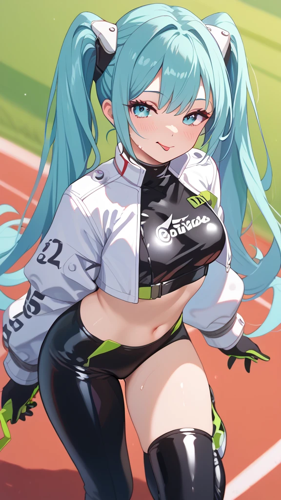 Racing Miku, aqua hair, Black latex bodysuit, midriff-baring, revealing, Cropped jacket, White jacket, Long sleeve, Two-tone gloves, Thigh-high boots, seductive expression, seductive body language, sweat glistening, blushing, licking lips, detailed facial features, intricate clothing folds, high quality, on race track, full body