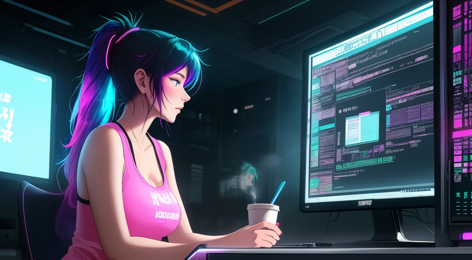 "A woman with green hair tied in a ponytail is sitting in front of a computer, her hands actively typing on the keyboard as she focuses intently on coding. She is wearing a pink tank top and black leggings, her posture relaxed yet engaged, reflecting her deep concentration. The desk holds a steaming cup of coffee, a pen holder, and neatly organized notebooks, while the computer screen emits a soft glow that highlights her determined expression. The background reveals a vibrant cyberpunk cityscape through a large window, with neon lights in shades of purple, blue, and pink illuminating towering skyscrapers adorned with holographic billboards and glowing advertisements. Flying vehicles streak across the sky, leaving shimmering trails of light. The room is bathed in a blend of the screen's glow and the neon ambiance outside, creating a futuristic, high-tech atmosphere. The sheer curtains sway gently from a cool breeze, adding a sense of motion to the serene yet dynamic scene."