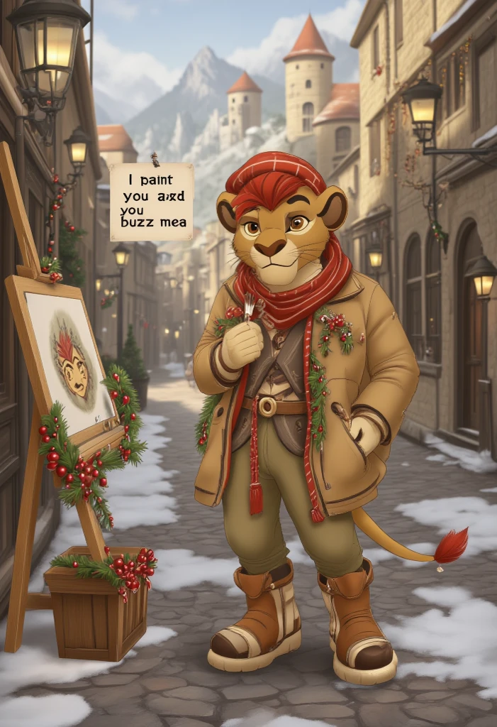 Photograph of handsome antropomorphic lion boy (((Kion))), dressed in Christmas decorated and extravagant warm winter clothes and a beret on his head, stands on a cobblestone street in old town by a painting stand like a wandering painter, offering to paint people's portraits for a fee. In one hand he holds a donation tray and in the other a brushes with dripping paint. A text bubble reads "I paint you and you buzz me." 