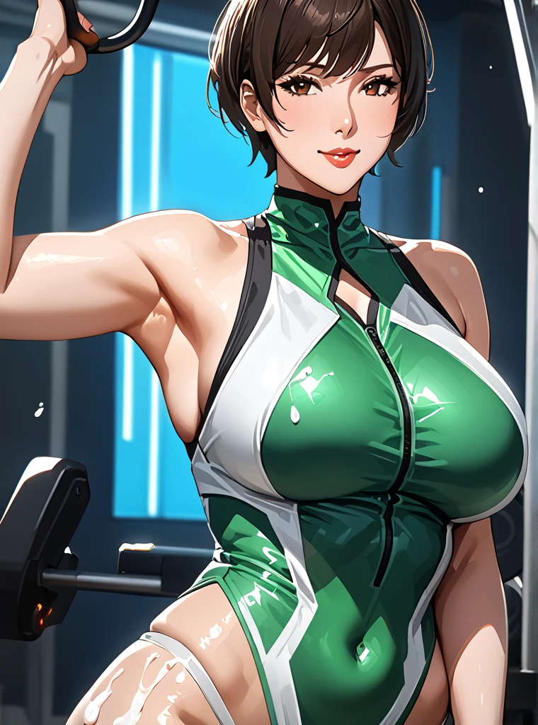 ( masterpiece), ( realistic anime style), (super detailed ), ( definite details), Women, Awesome MILF, Super beautiful,  short hair black , brown eyes, sexy body,  big breasts , Sexy Tracer, dark green gyn clothing , an electric gym,  covered with a lot of white fluid all over her body,  while touching the cheek with one hand