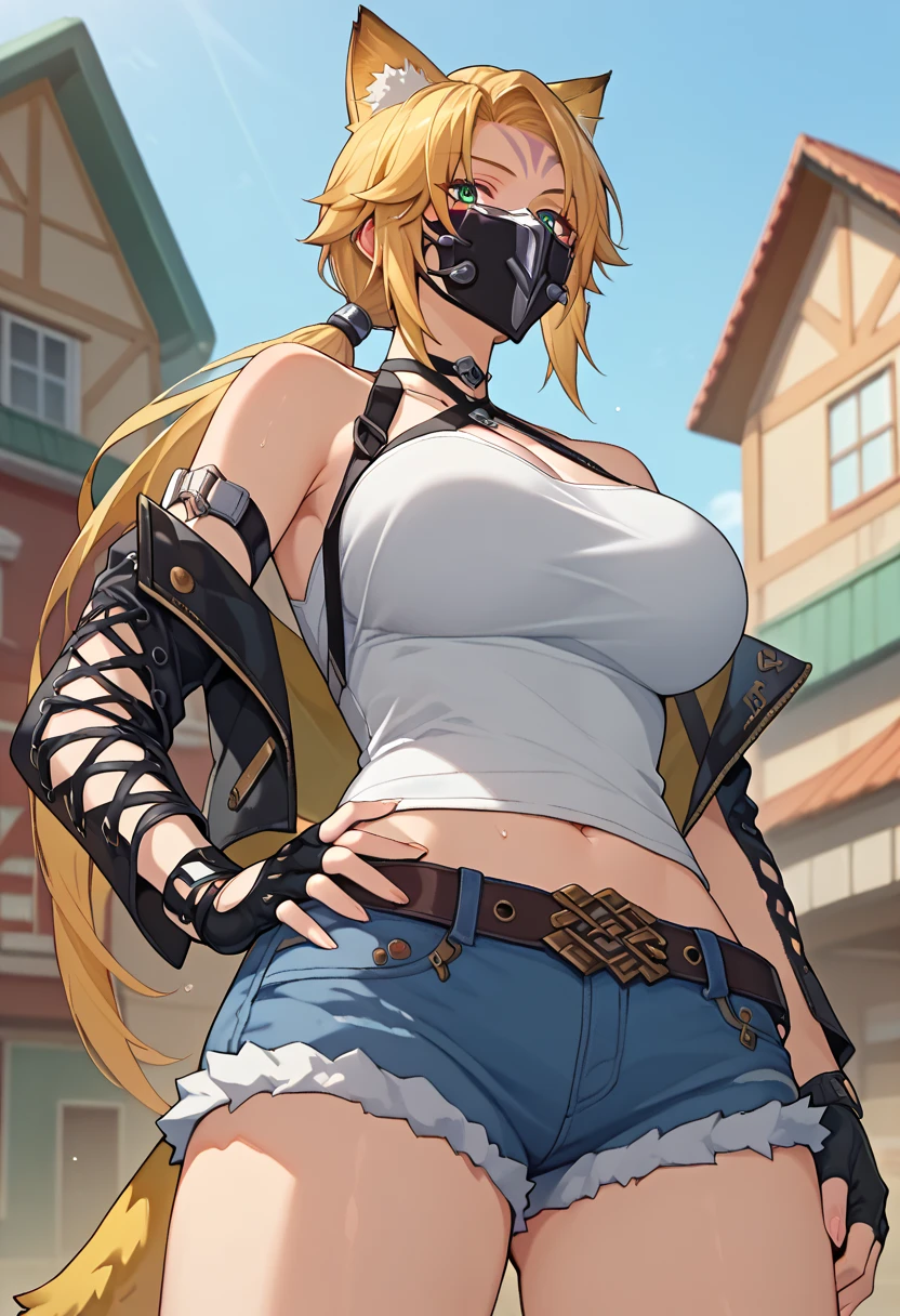 score_9, score_8_ up, score_7_ up,  1 girl , Alone,kjoPulchra ,  hairy woman,  animal ears , Tail, Blonde,  green eyes,  long hair, low ponyTail,  mask ,  halterneck,  tank top ,  strap ,   Detached Sleeve , 機械的な mask , leather jacket ,  Denim Shorts , Fingerless Gloves ,  Hand On Own Hips  ,  viewers sweat a lot, from below, cowboy western , Wild West, town, 
( beautiful, Big Breasts:1.2),