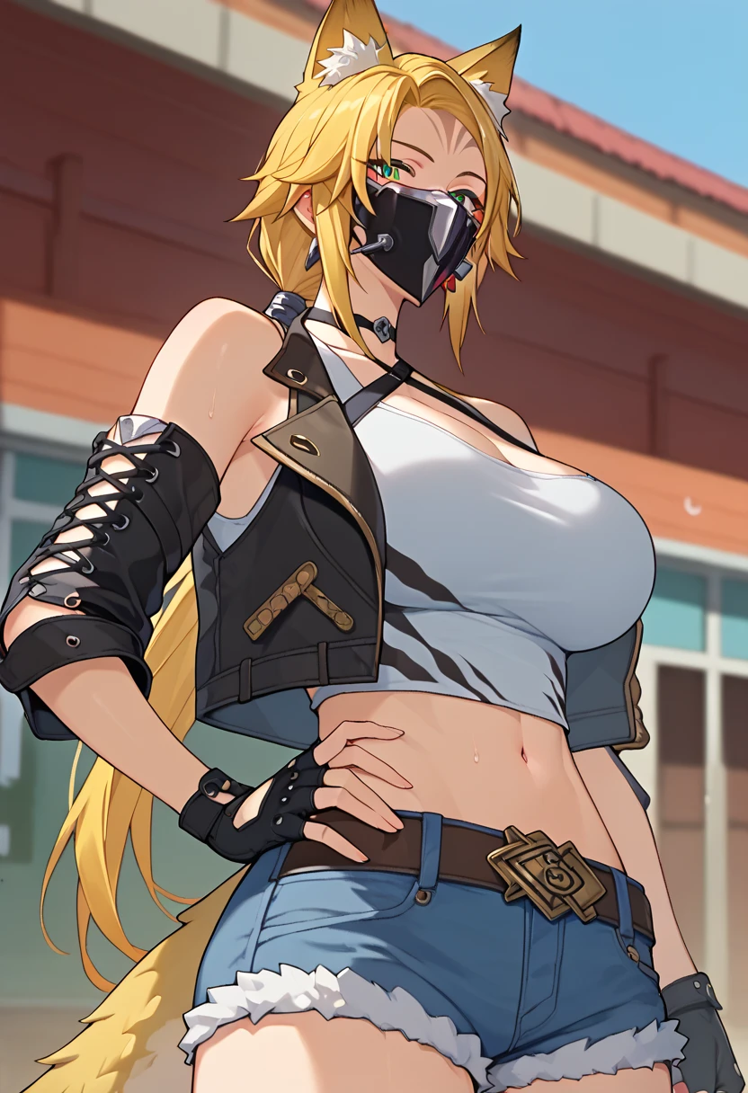 score_9, score_8_ up, score_7_ up,  1 girl , Alone,kjoPulchra ,  hairy woman,  animal ears , Tail, Blonde,  green eyes,  long hair, low ponyTail,  mask ,  halterneck,  tank top ,  strap ,   Detached Sleeve , 機械的な mask , leather jacket ,  Denim Shorts , Fingerless Gloves ,  Hand On Own Hips  ,  viewers sweat a lot, from below, cowboy western , Wild West, town, 
( beautiful, Big Breasts:1.2),