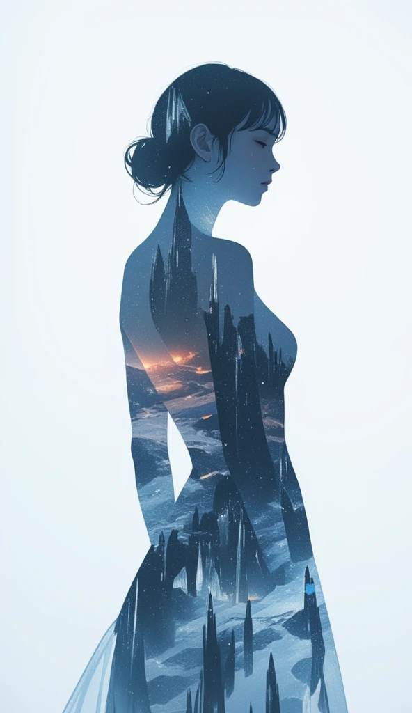 double exposure of a woman dressed in a backless dress, the gradient transition into an icy silhouette of the ice kingdom